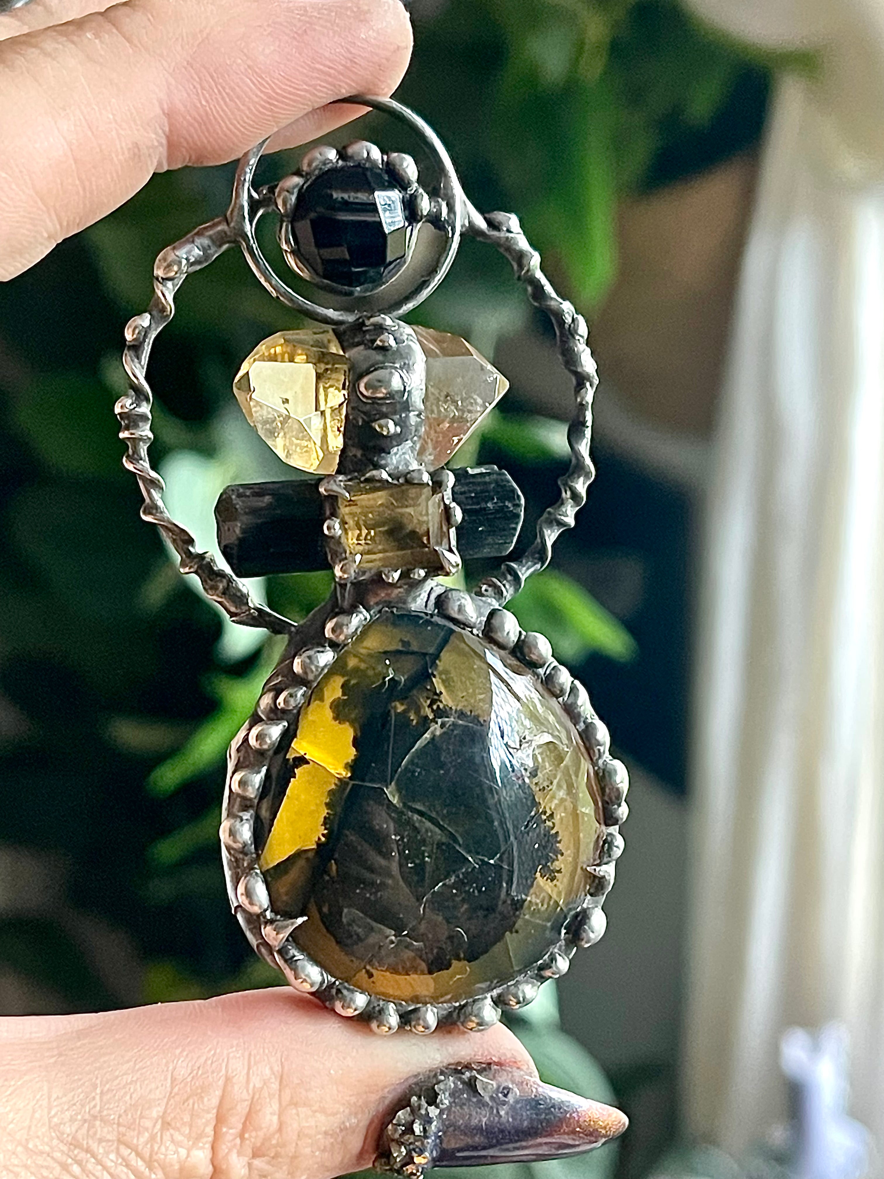 Yellow Opal, Cutrine & Green Capped Black Tourmaline Statement Pendant