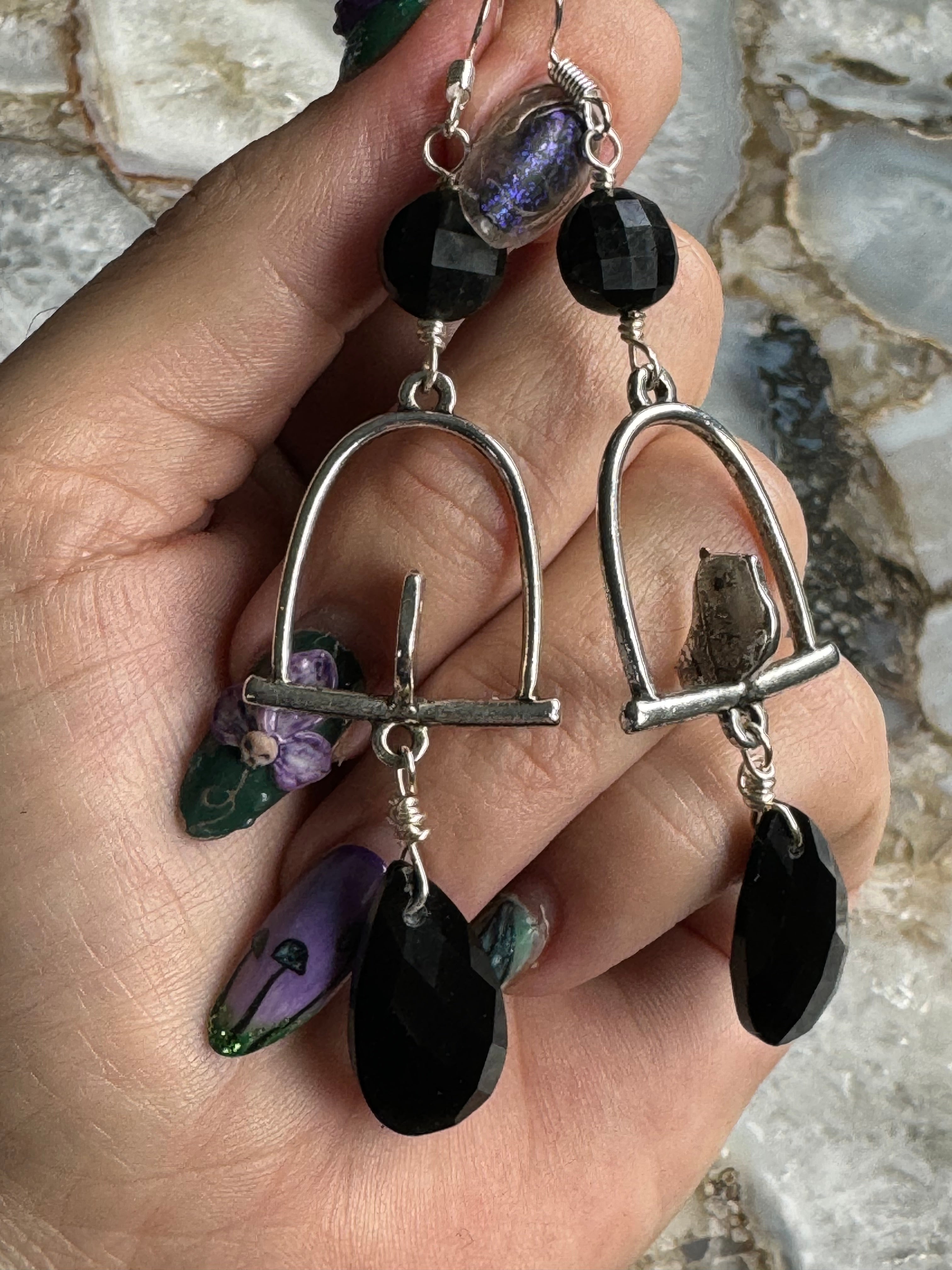 Black Obsidian & Tourmaline Bird Earrings