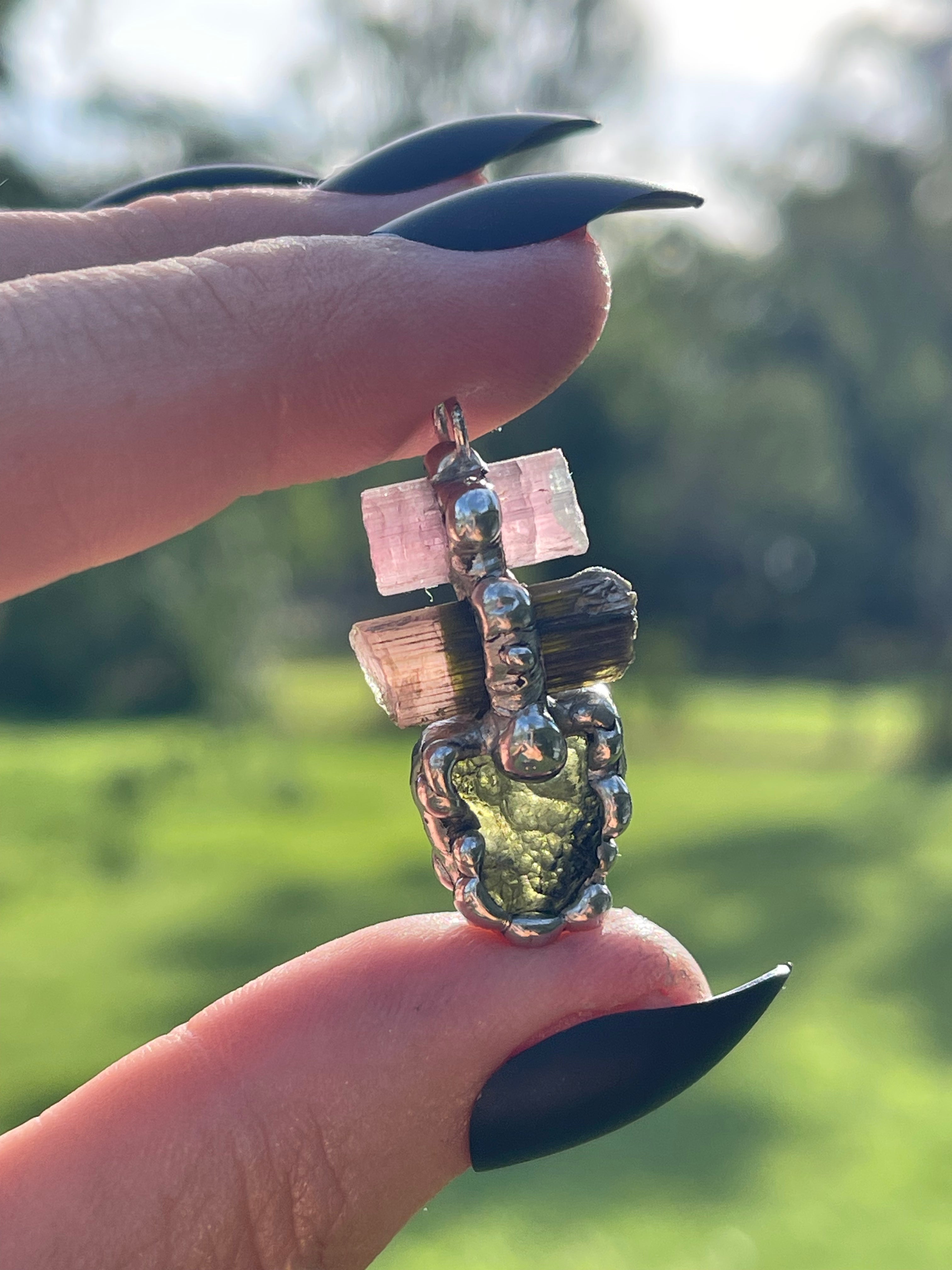 Moldavite & Watermelon Tourmaline Pendant