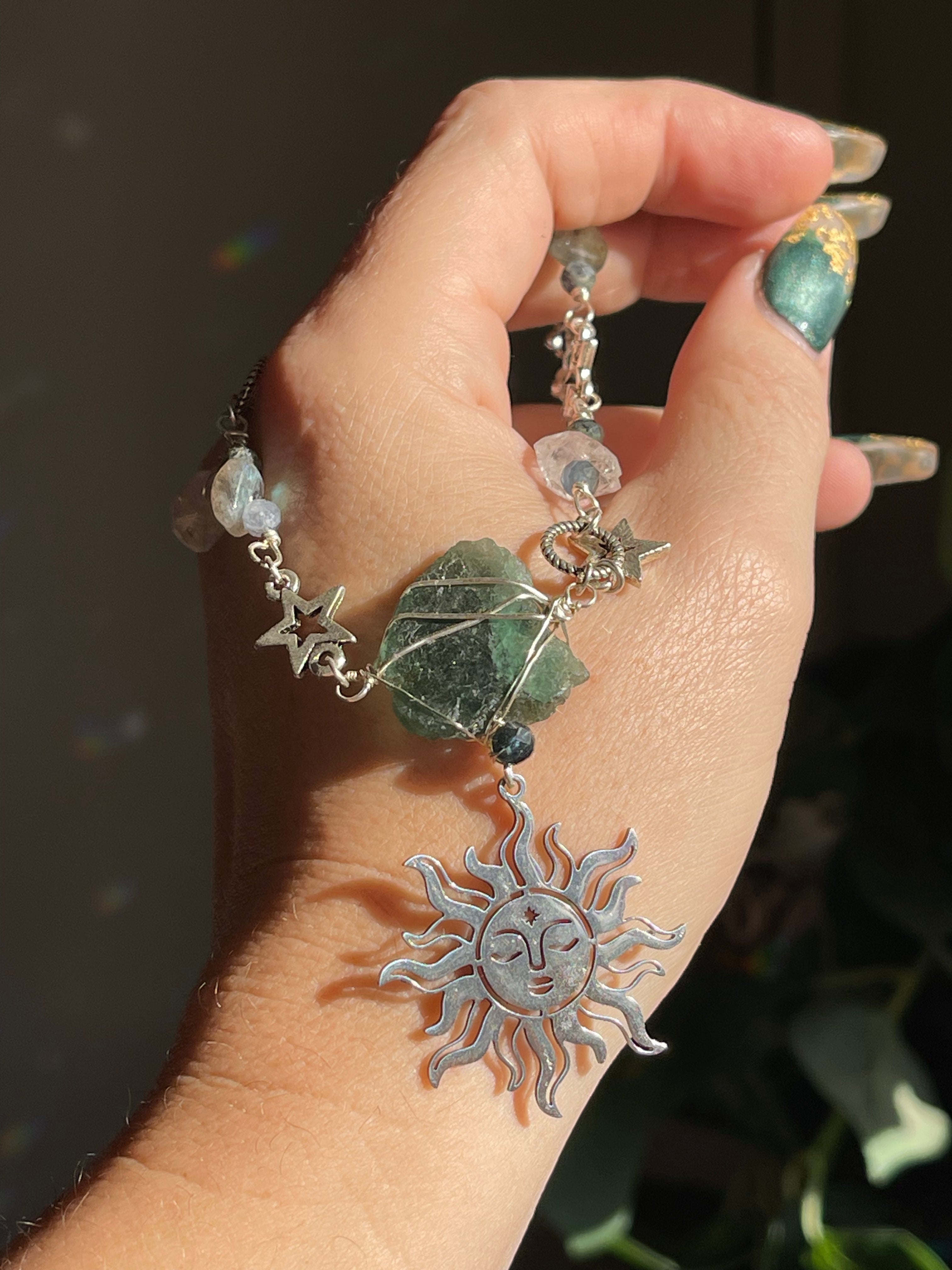 Green Kyanite & Herkimer Diamond Sun Necklace