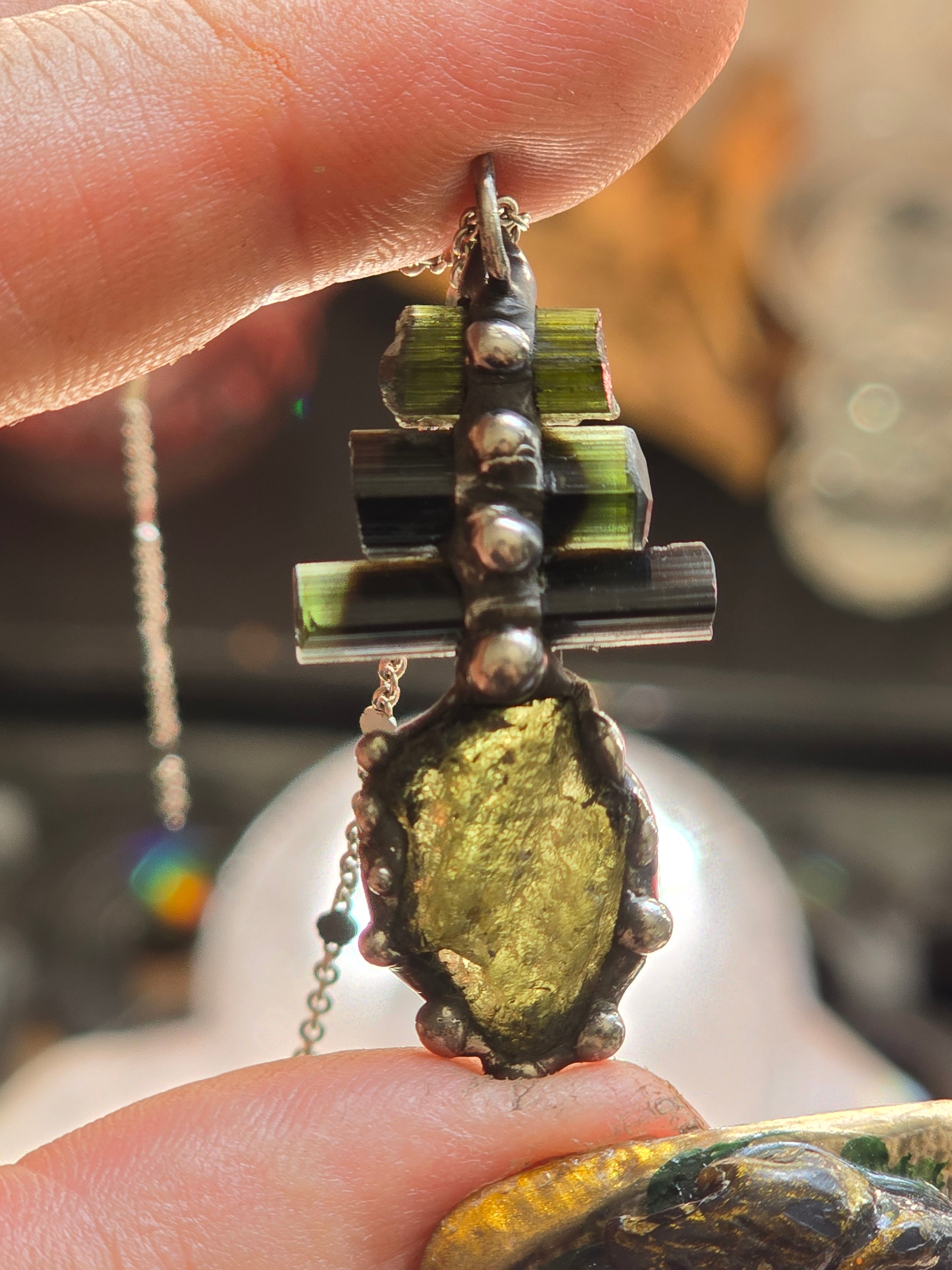 Moldavite & Green Capped Black Tourmaline Pendant