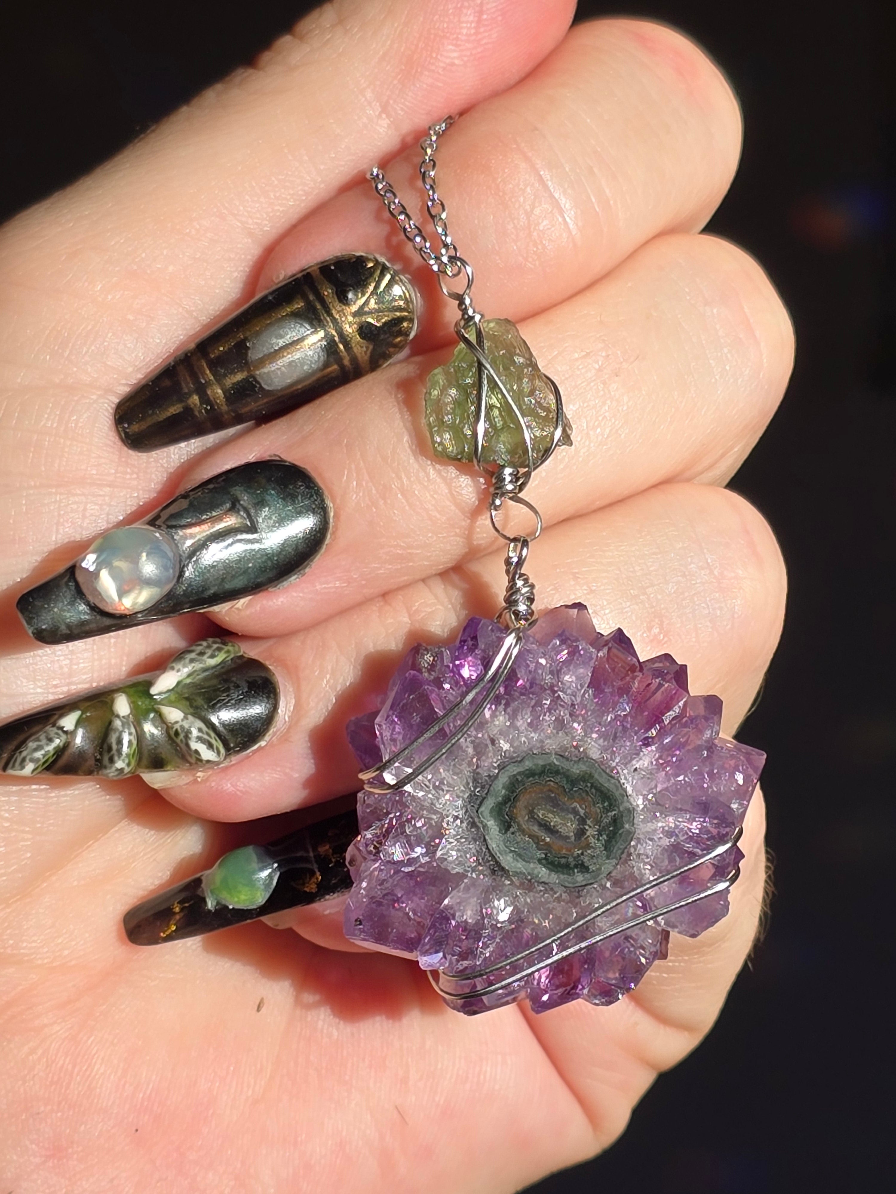 A Grade Amethyst Stalactite & Moldavite Necklace