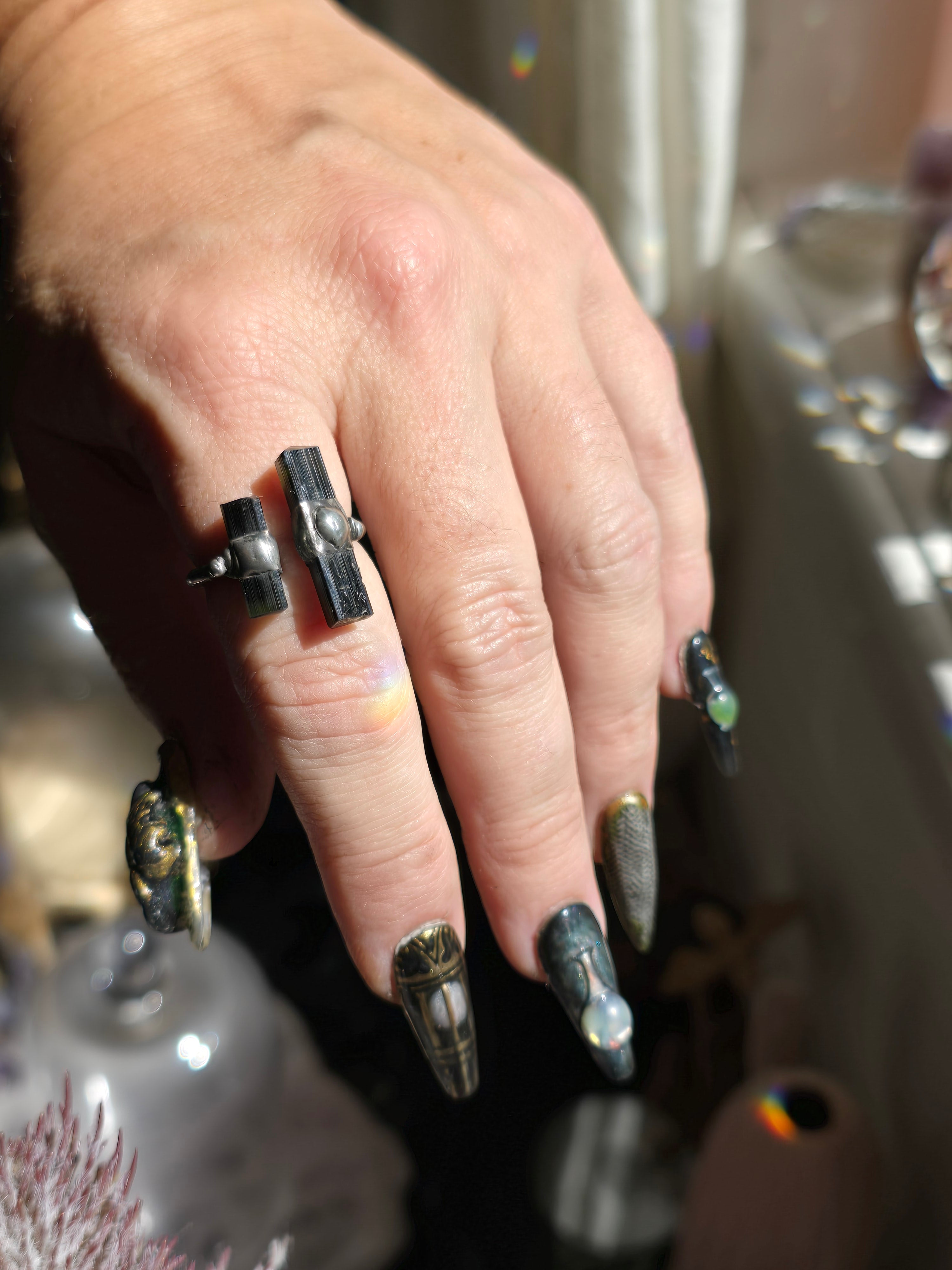 Green Capped Black Tourmaline Ring