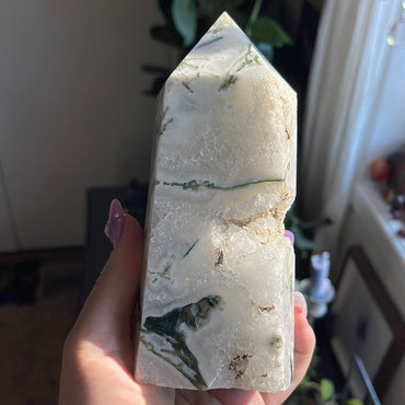 Large Moss Agate Tower With Huge Druzy