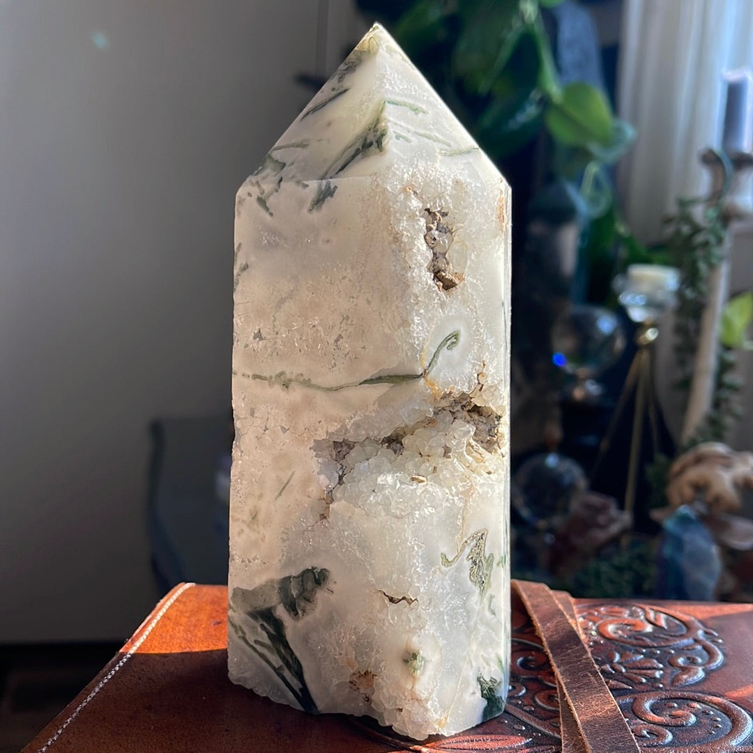 Large Moss Agate Tower With Huge Druzy