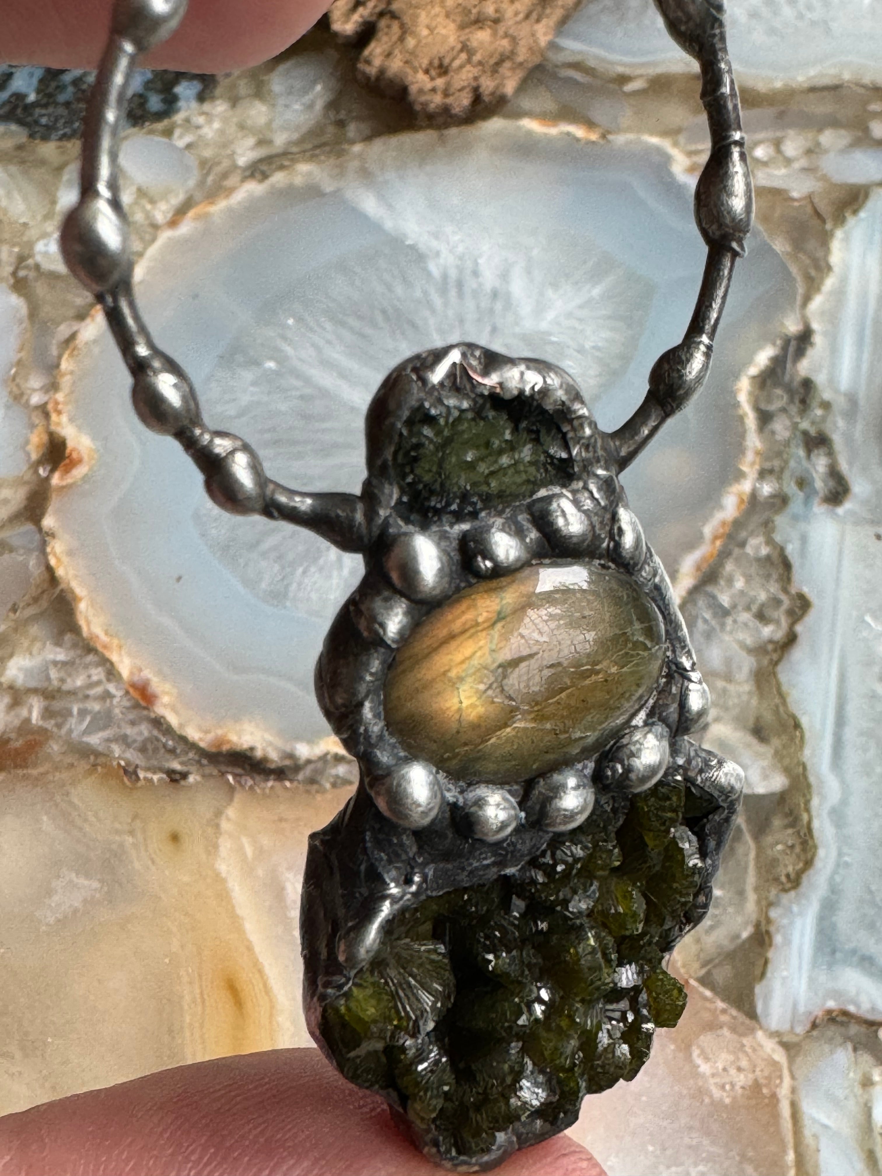 Moldavite, Green Epidote Cluster & Labradorite Pendant