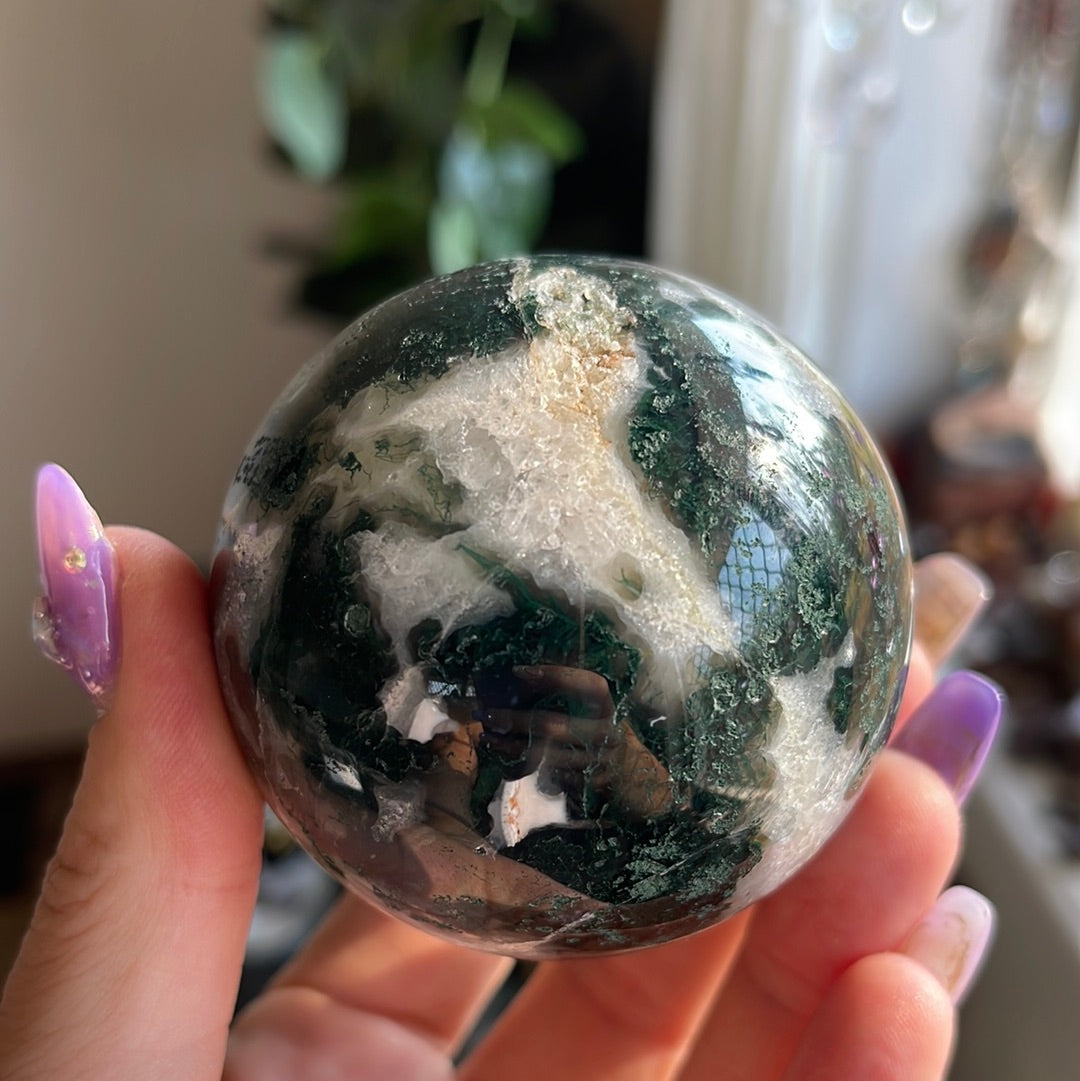 Moss Agate Sphere With Druzy