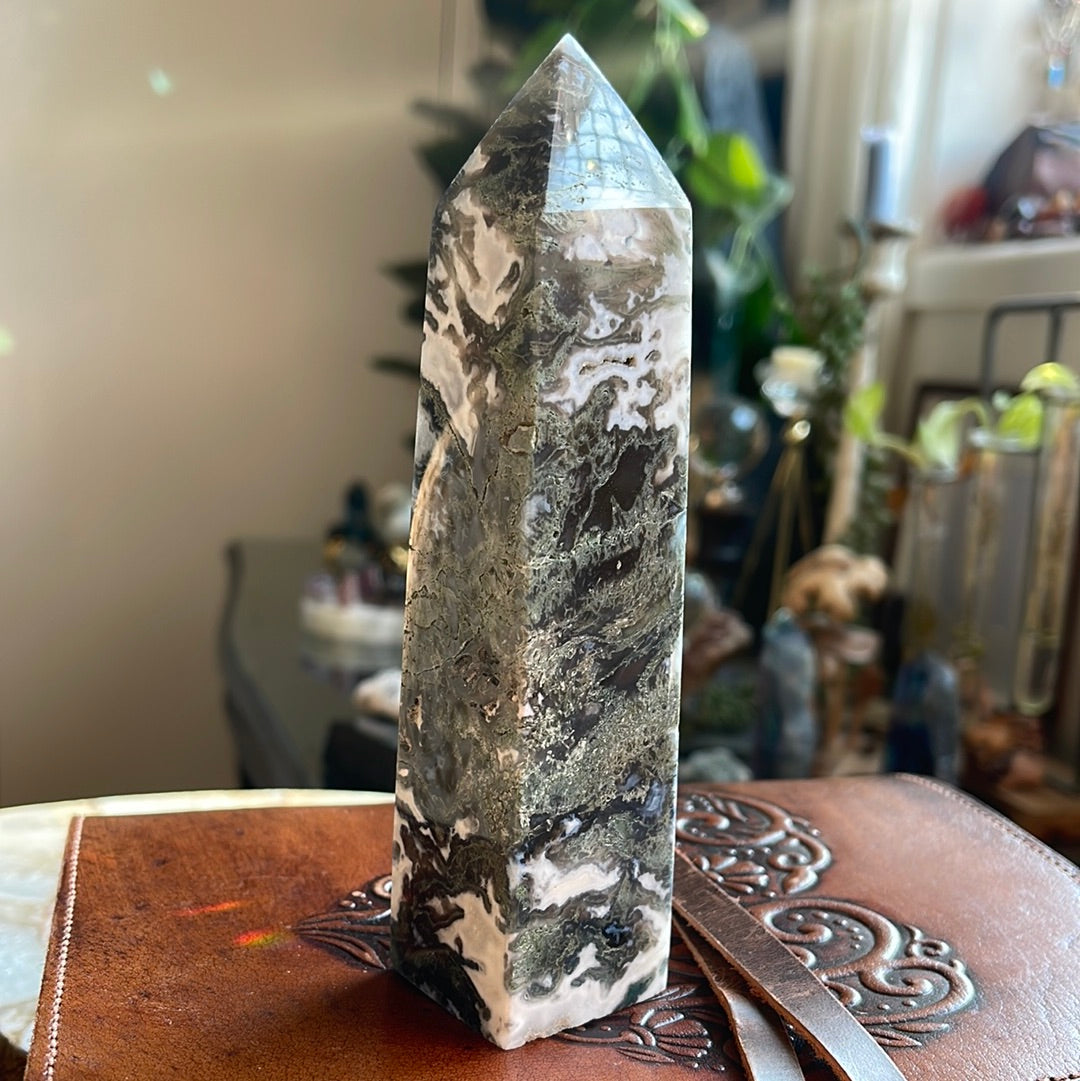 Rare Moss Agate Tower With Black Inclusions