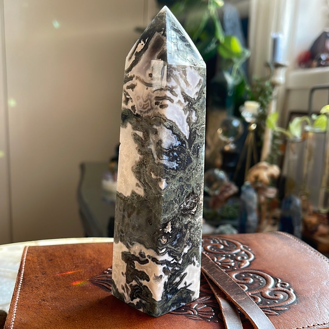 Rare Moss Agate Tower With Black Inclusions