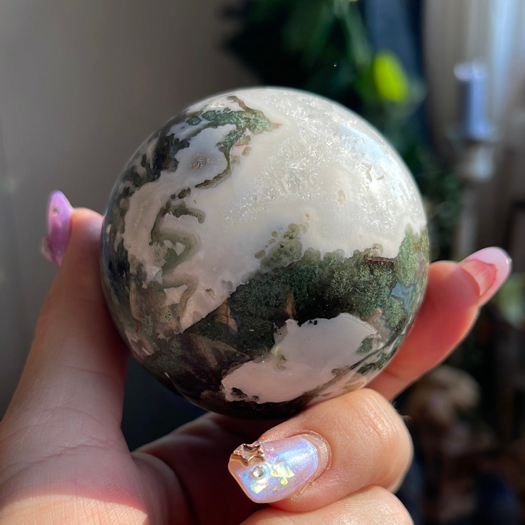 Moss Agate Sphere With Druzy