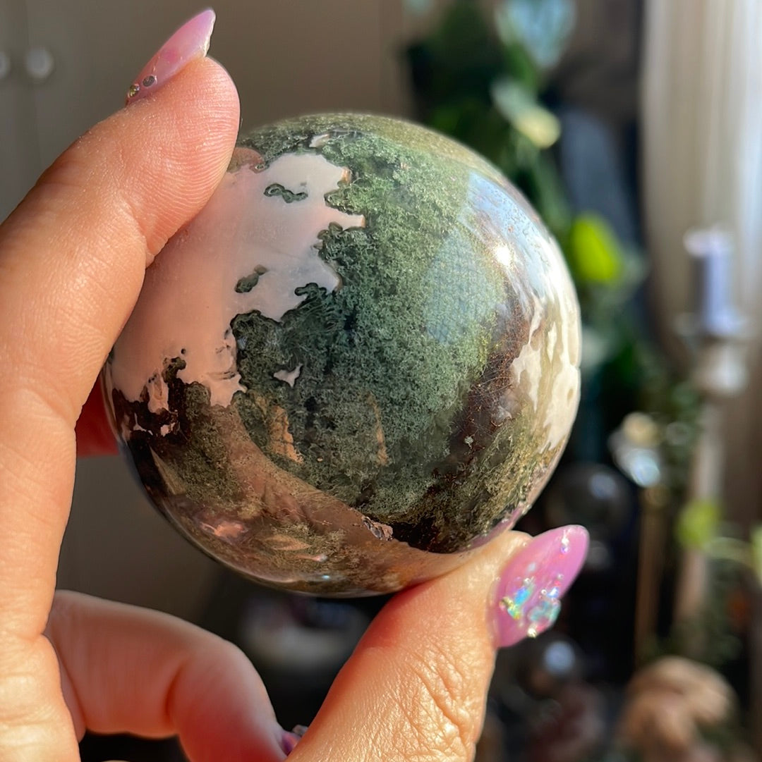 Moss Agate Sphere With Druzy