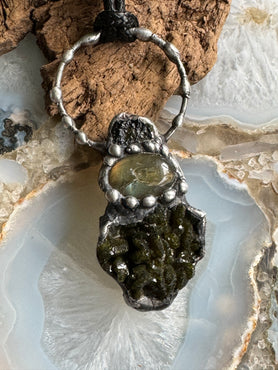 Moldavite, Green Epidote Cluster & Labradorite Pendant