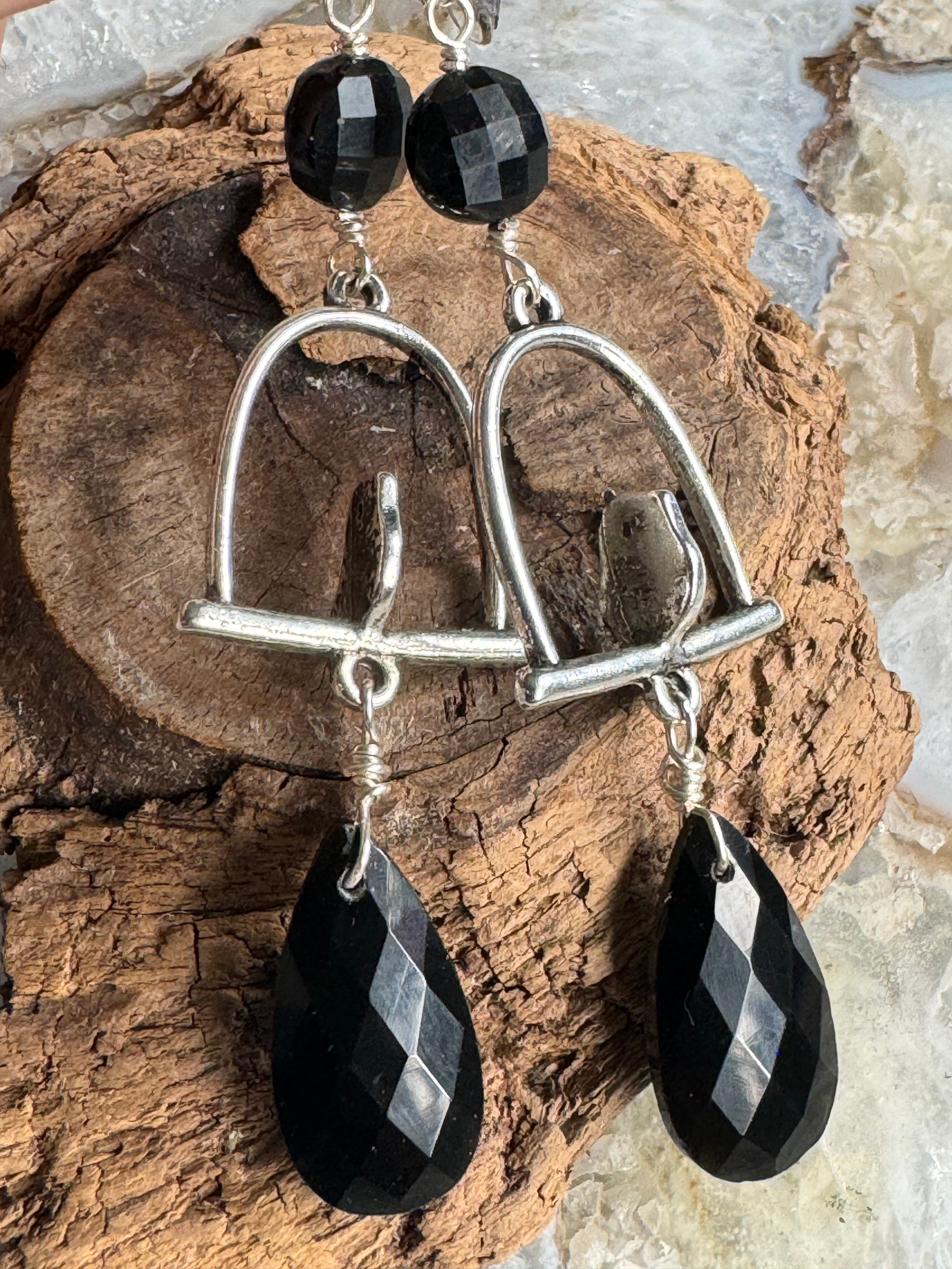 Black Obsidian & Tourmaline Bird Earrings
