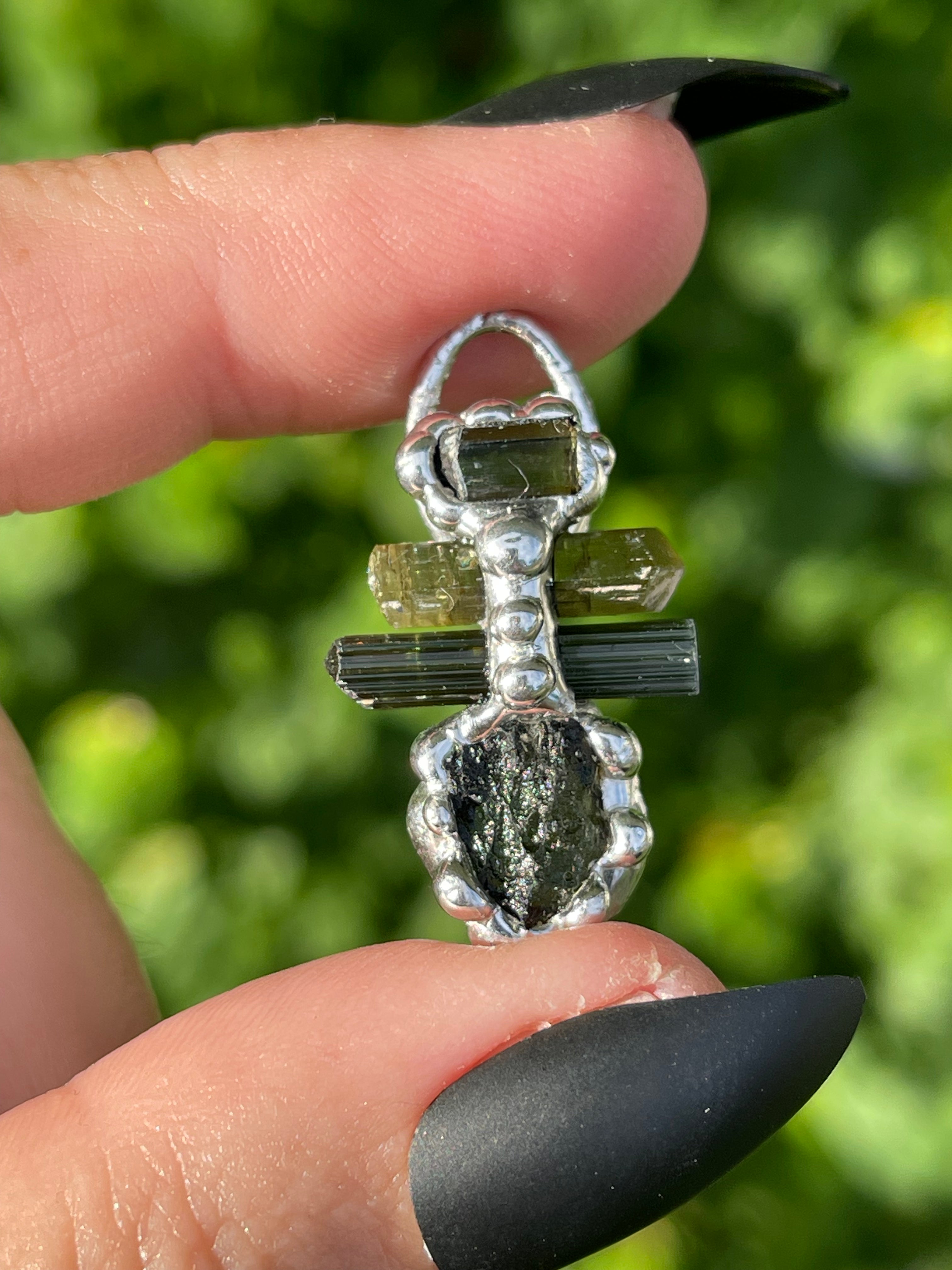 Moldavite & Green Tourmaline Pendant