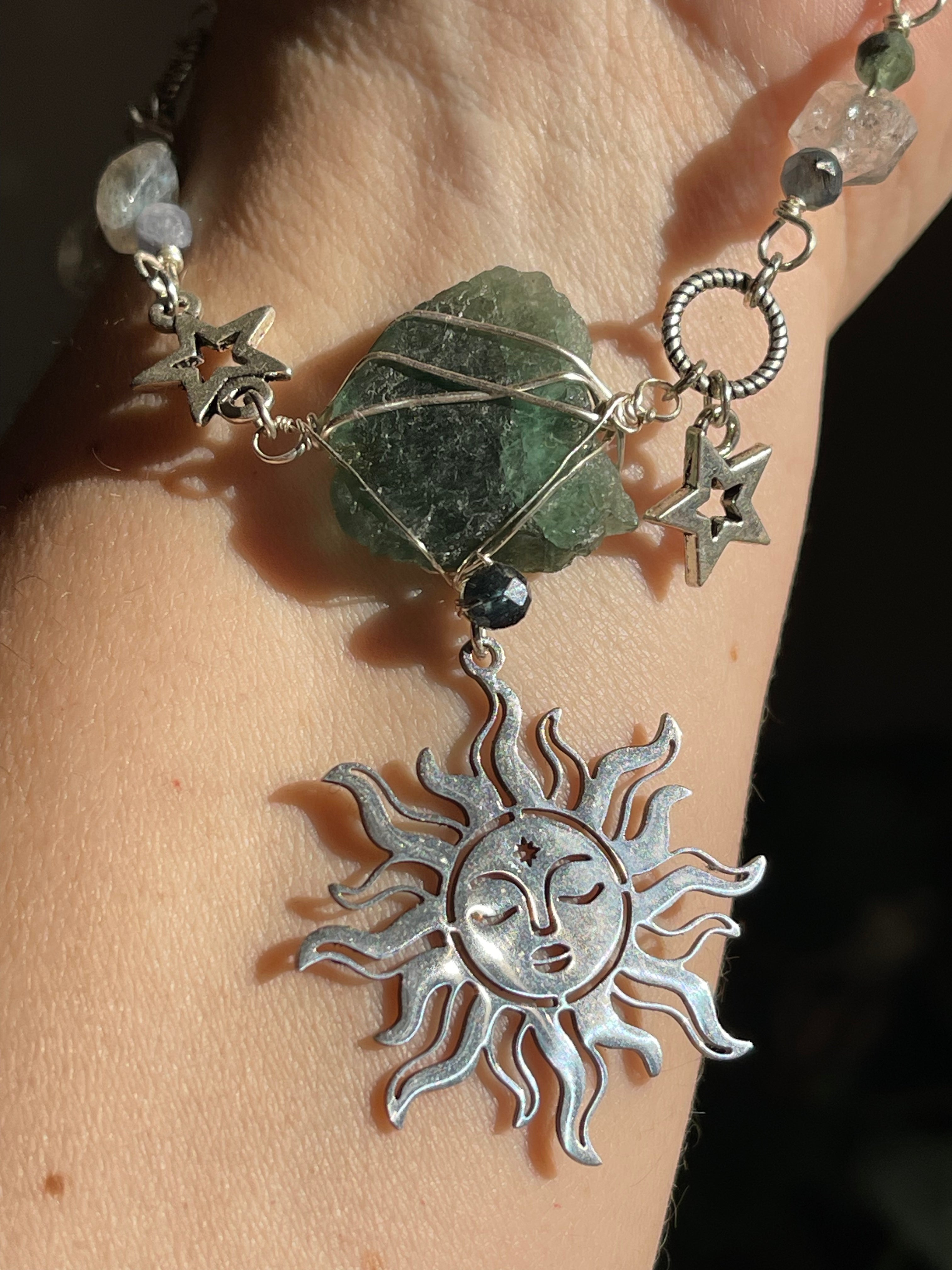 Green Kyanite & Herkimer Diamond Sun Necklace