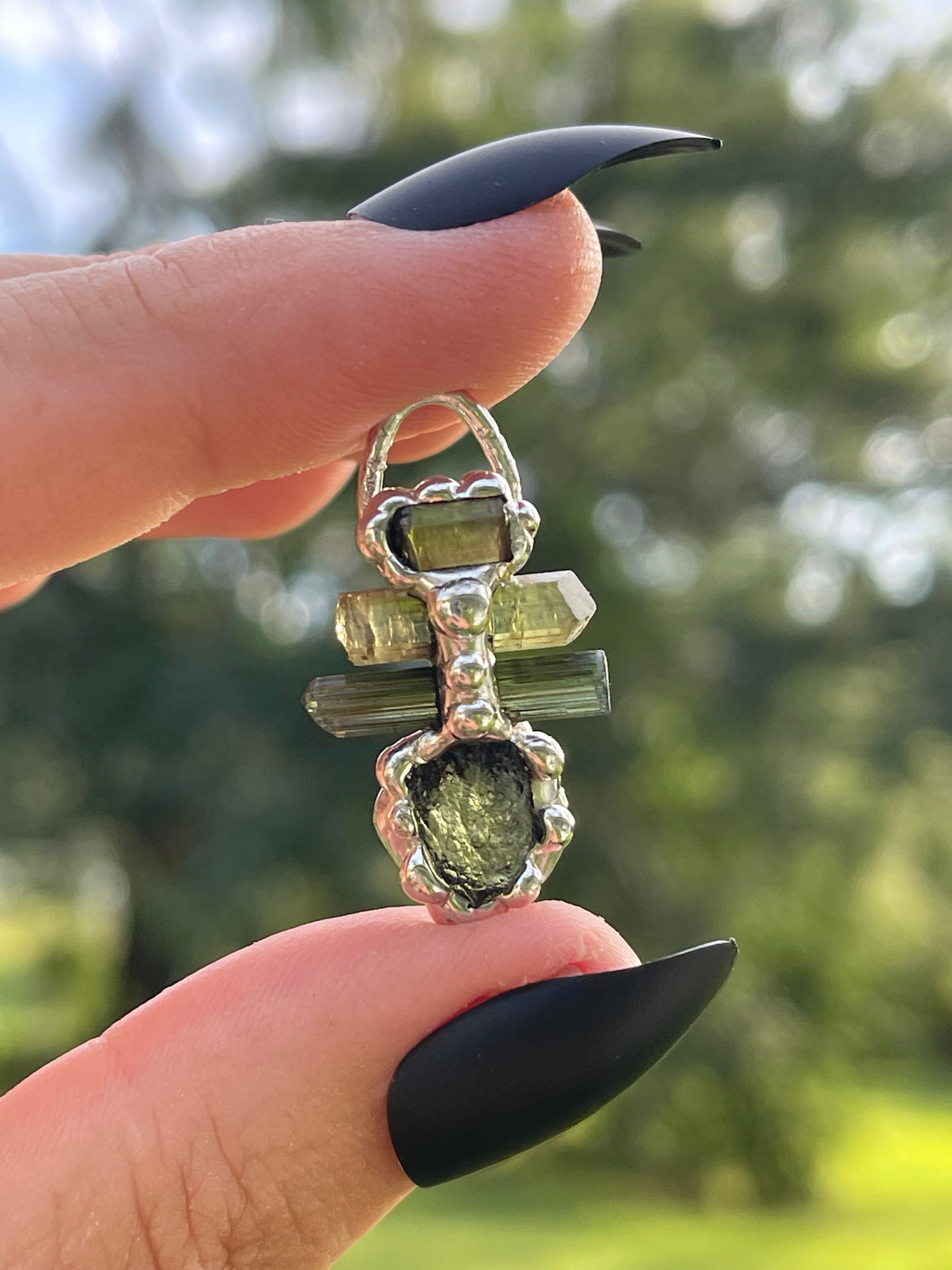 Moldavite & Green Tourmaline Pendant