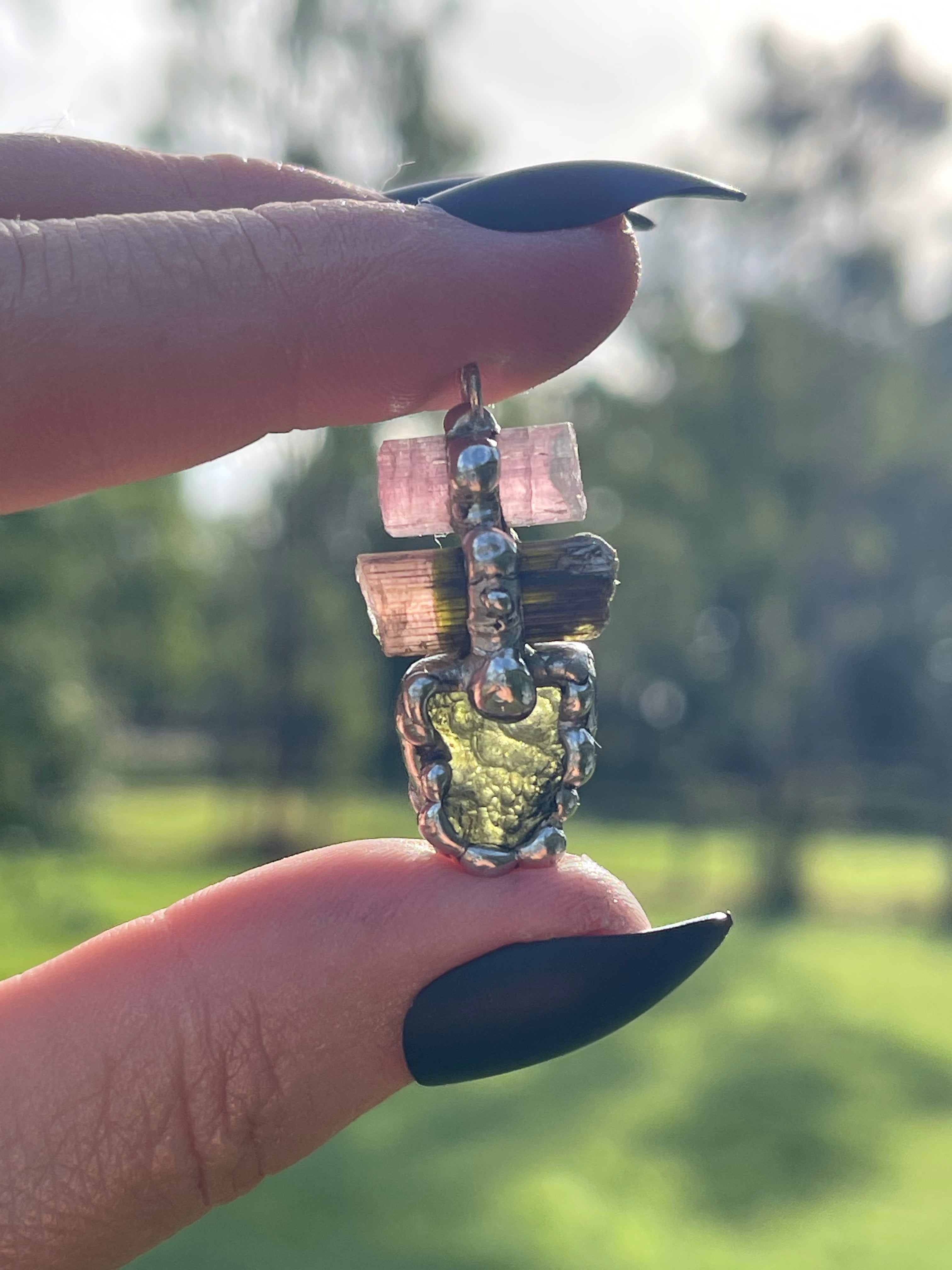 Moldavite & Watermelon Tourmaline Pendant