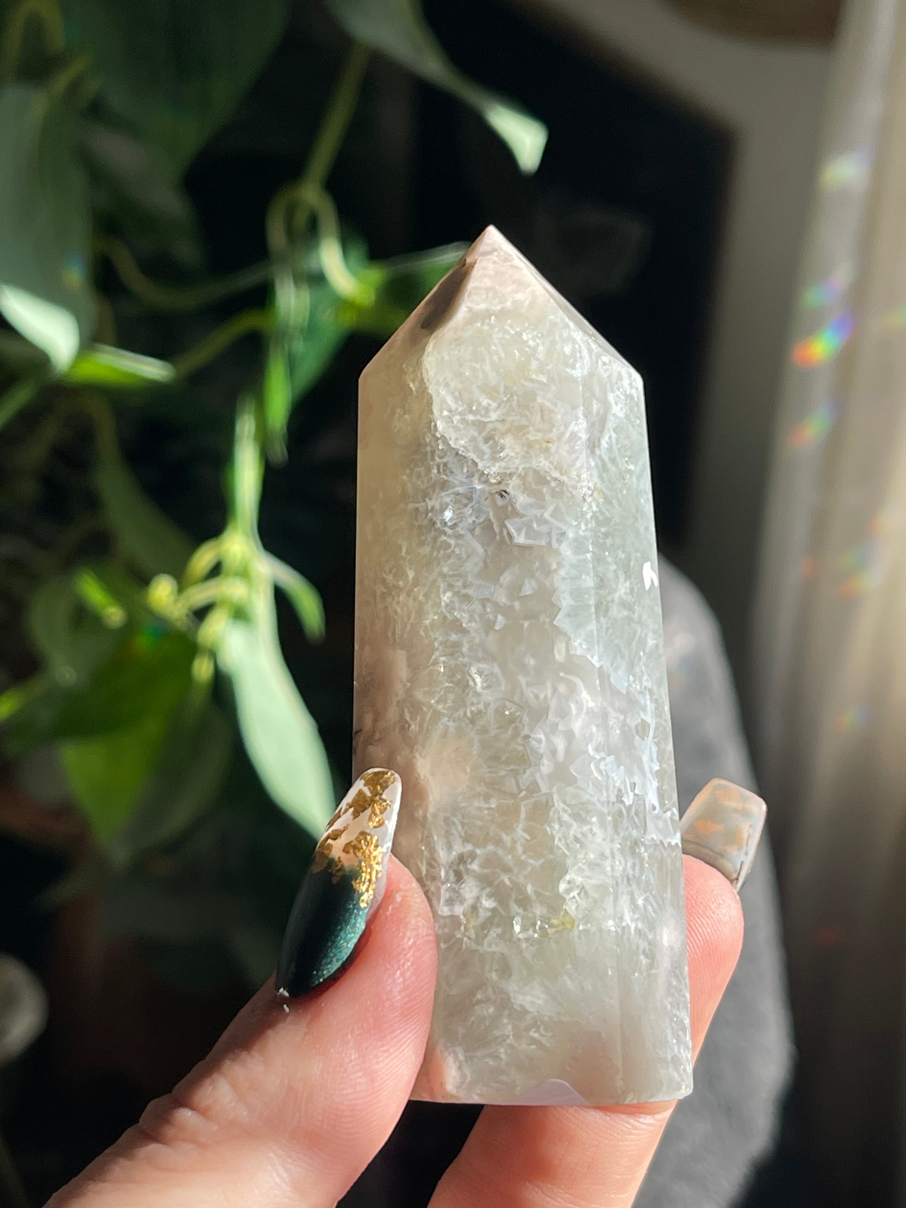 Rare Green Amethyst With Flower Agate Tower