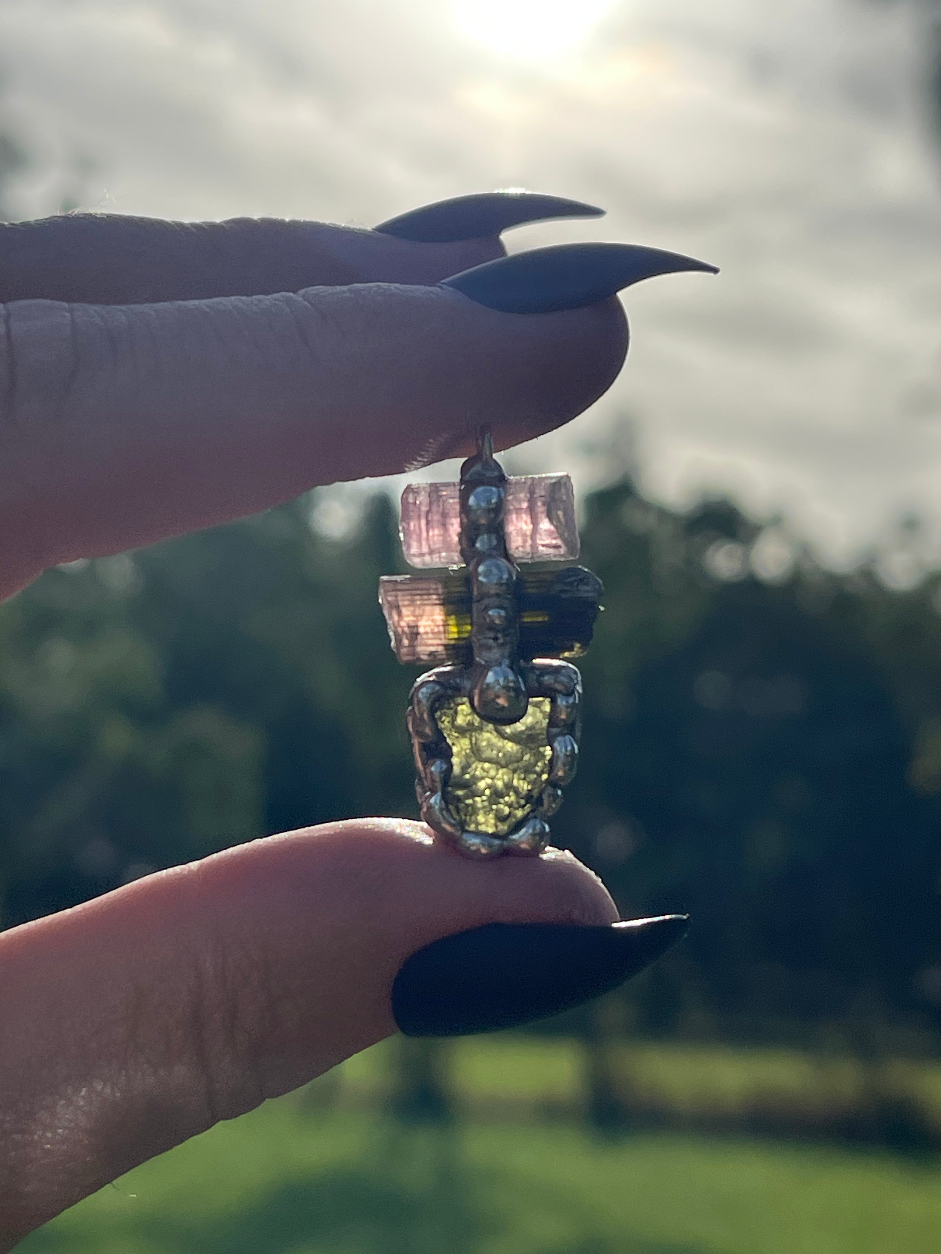 Moldavite & Watermelon Tourmaline Pendant