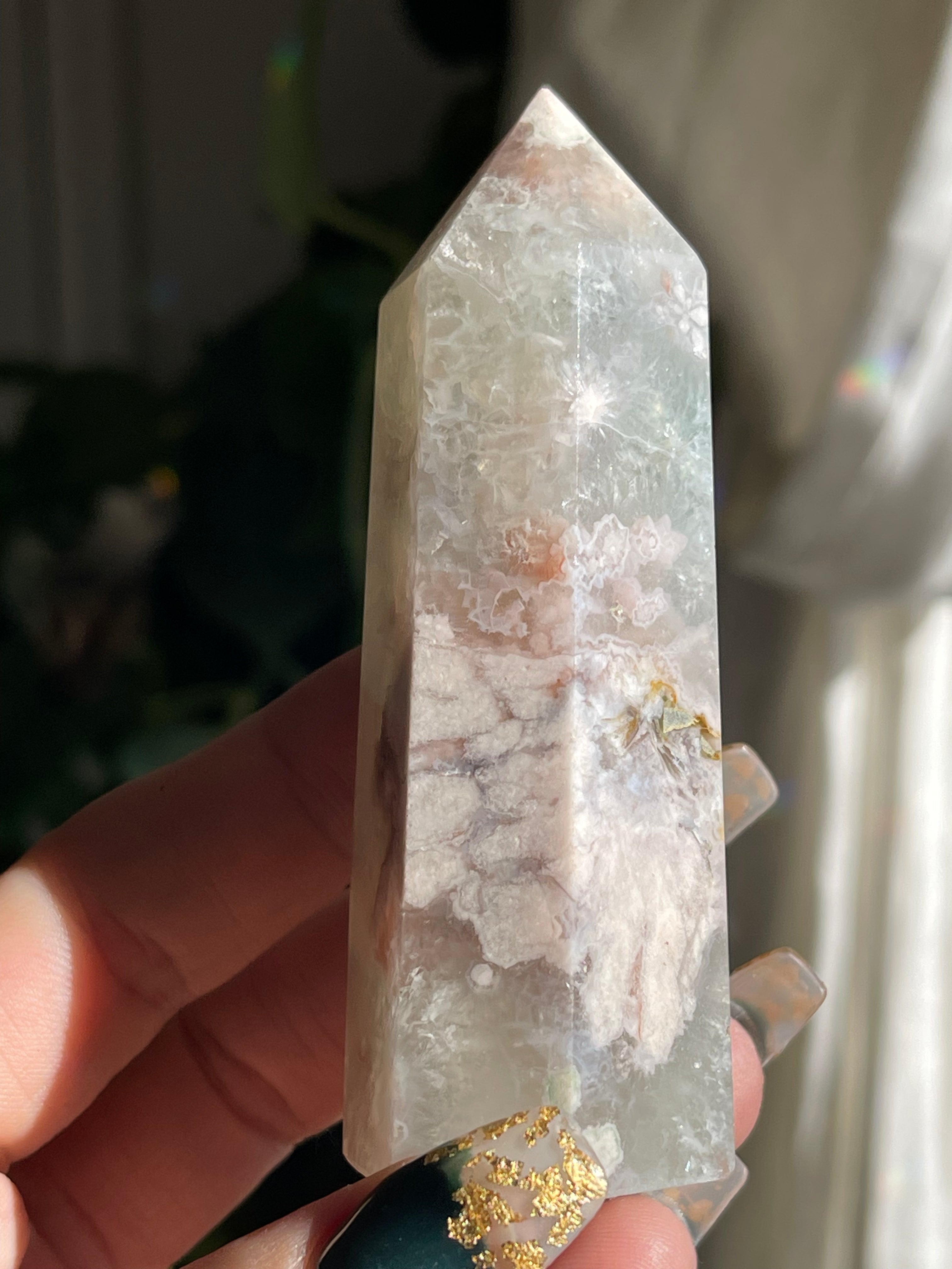 Rare Green Amethyst With Flower Agate Tower