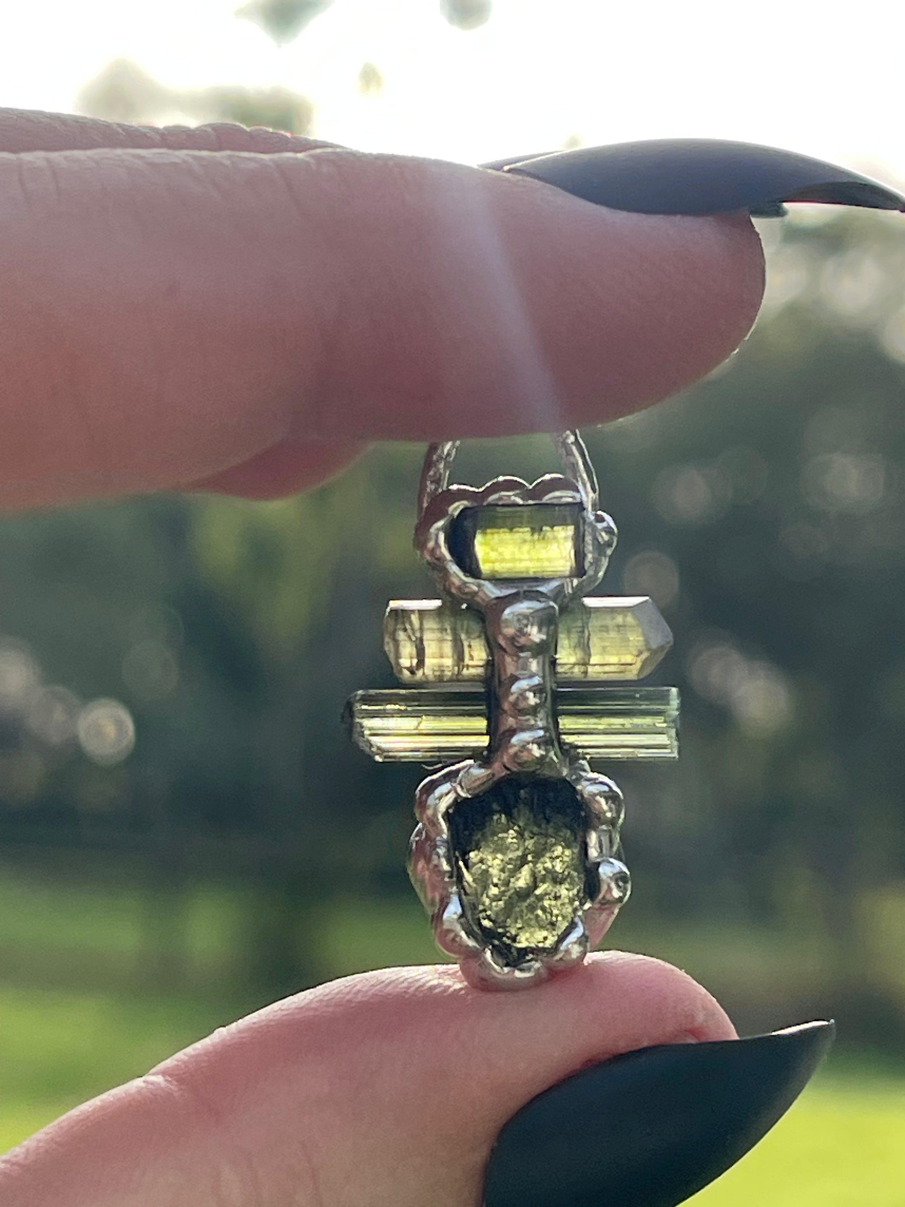 Moldavite & Green Tourmaline Pendant