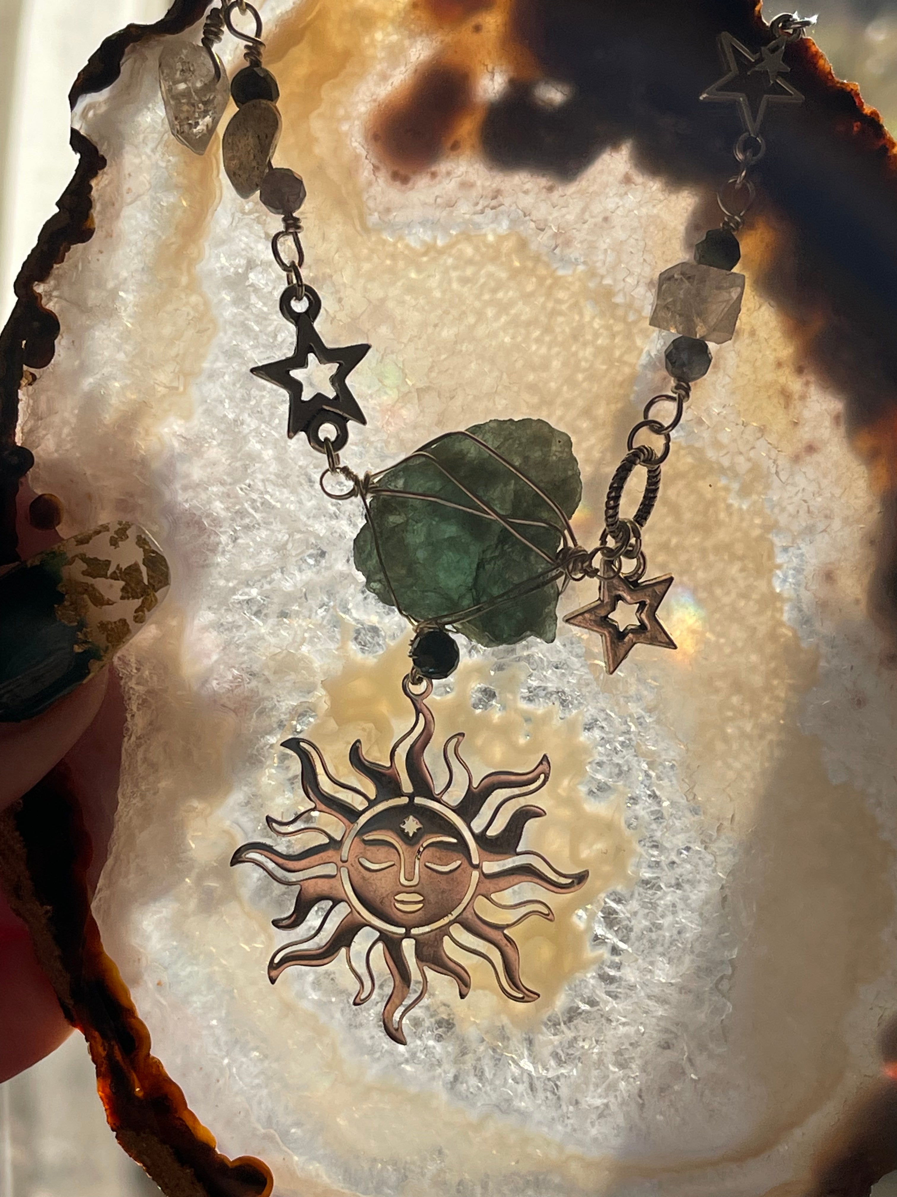 Green Kyanite & Herkimer Diamond Sun Necklace