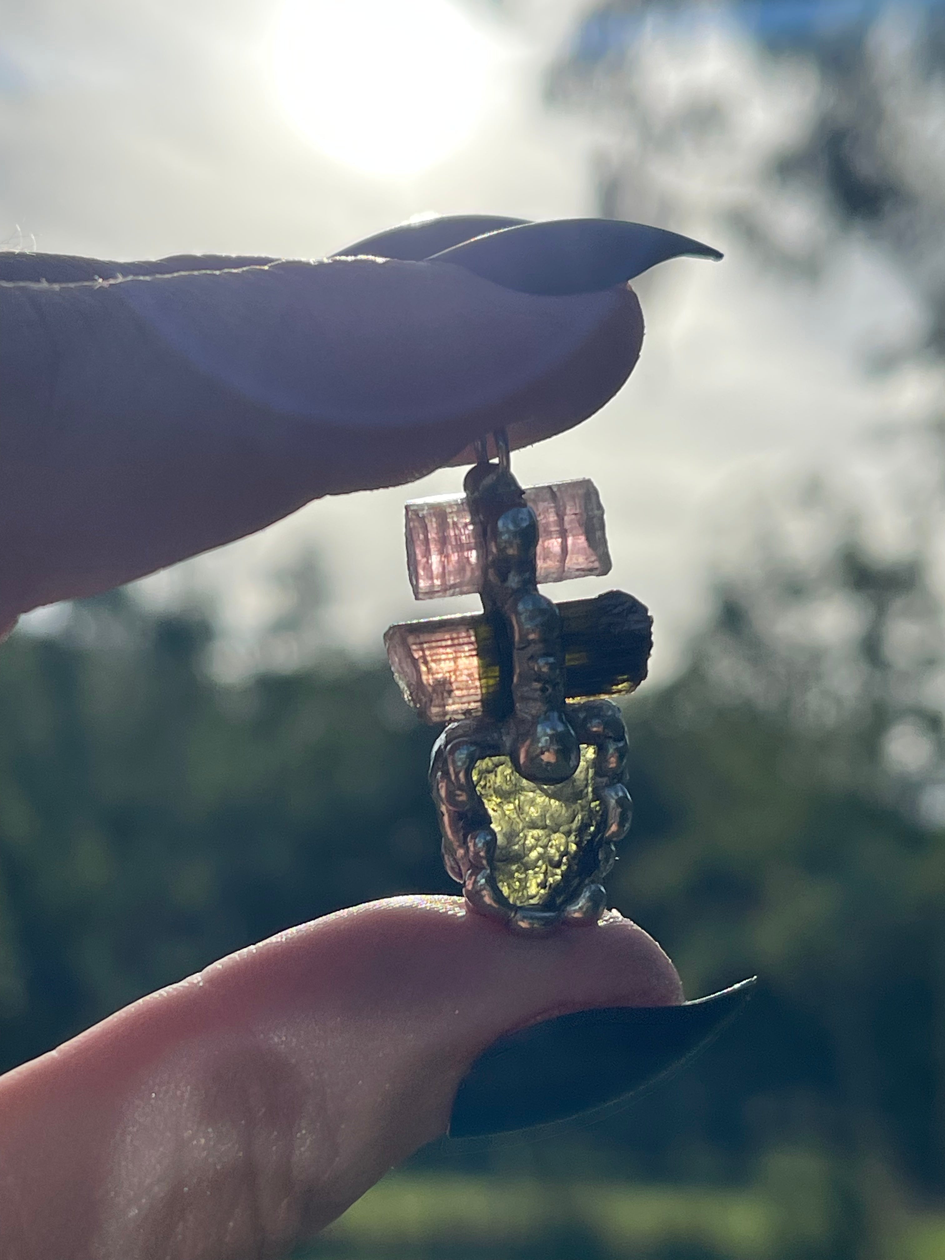 Moldavite & Watermelon Tourmaline Pendant