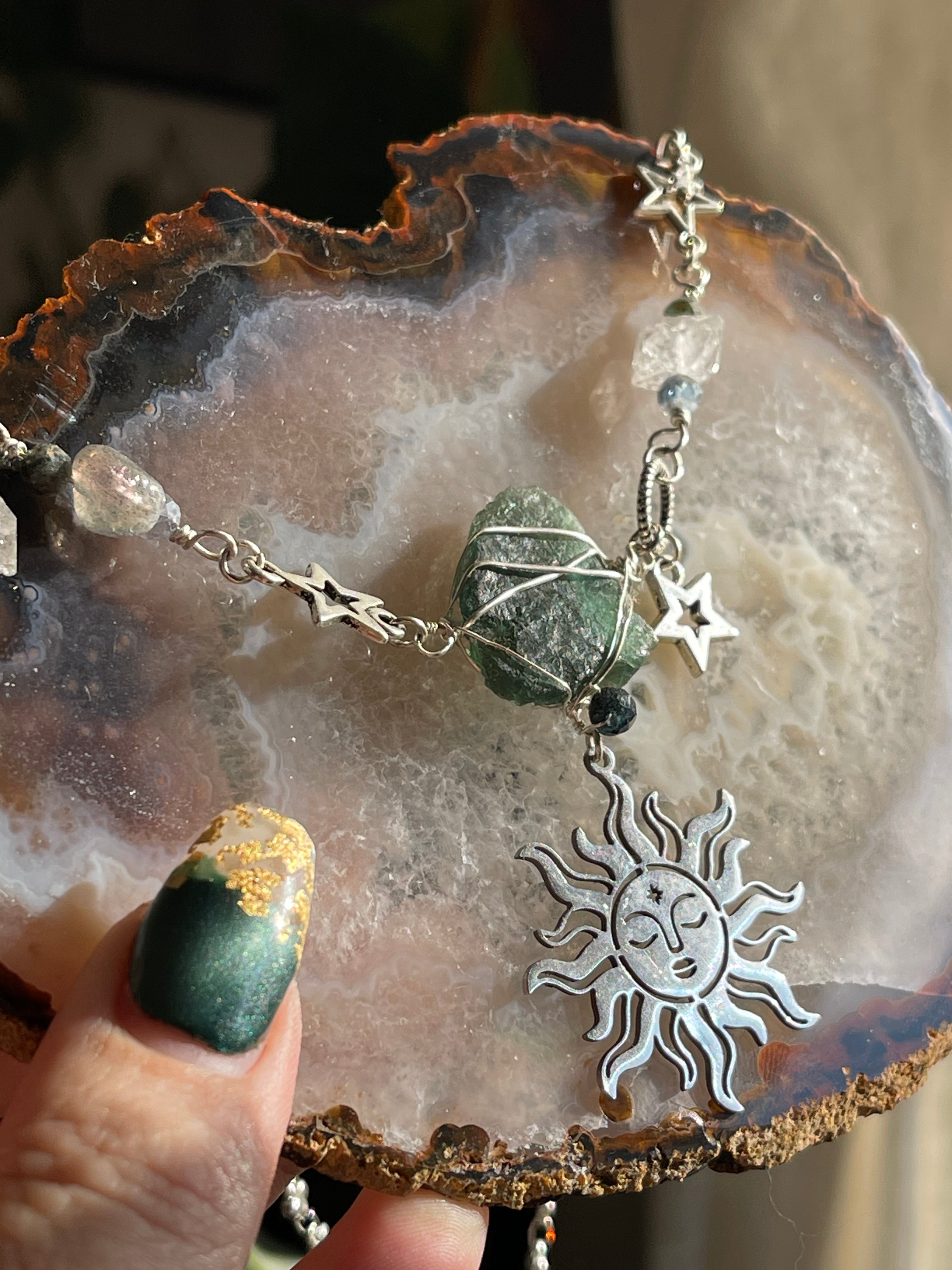 Green Kyanite & Herkimer Diamond Sun Necklace