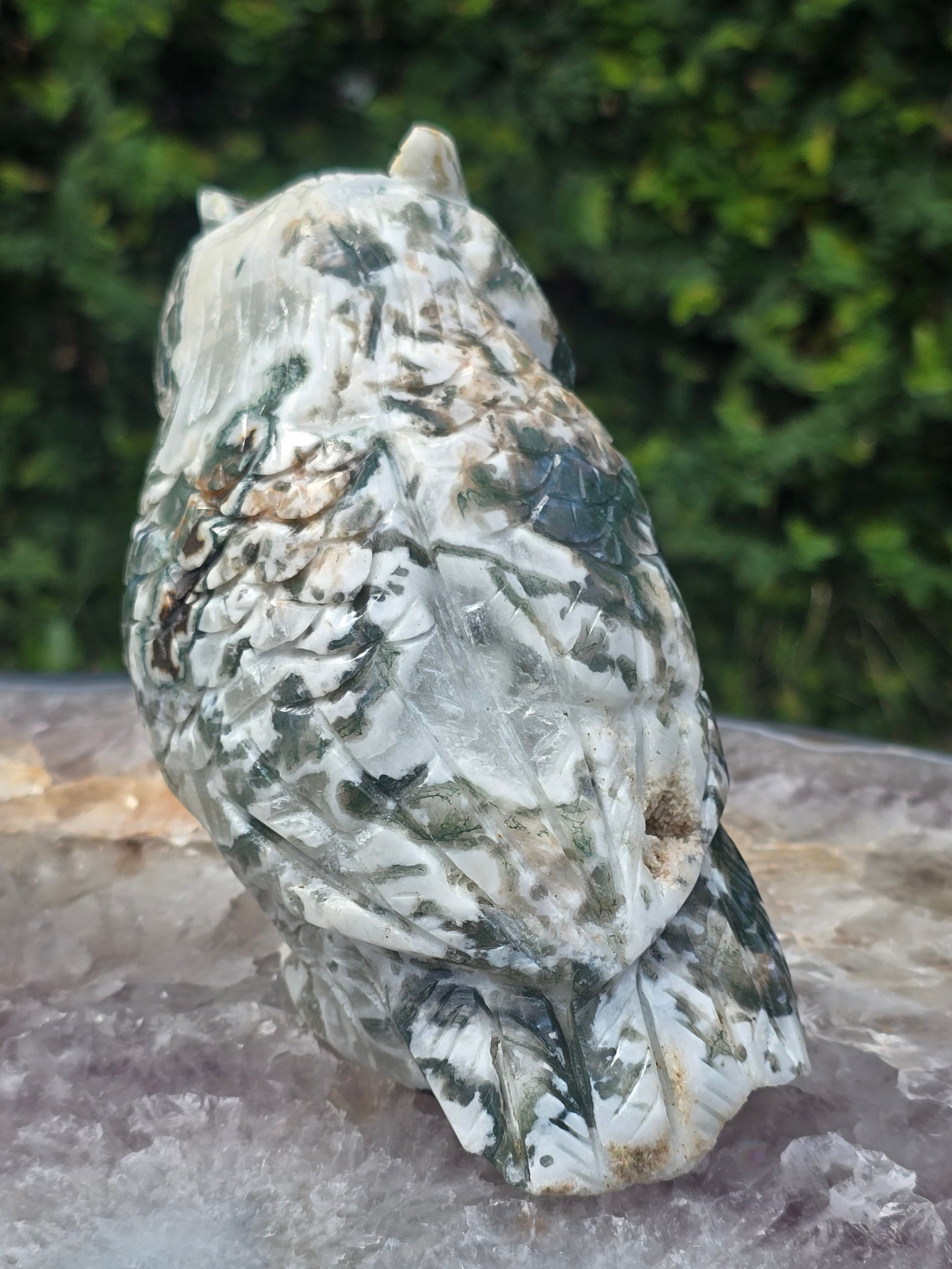 Moss Agate Owl Carving