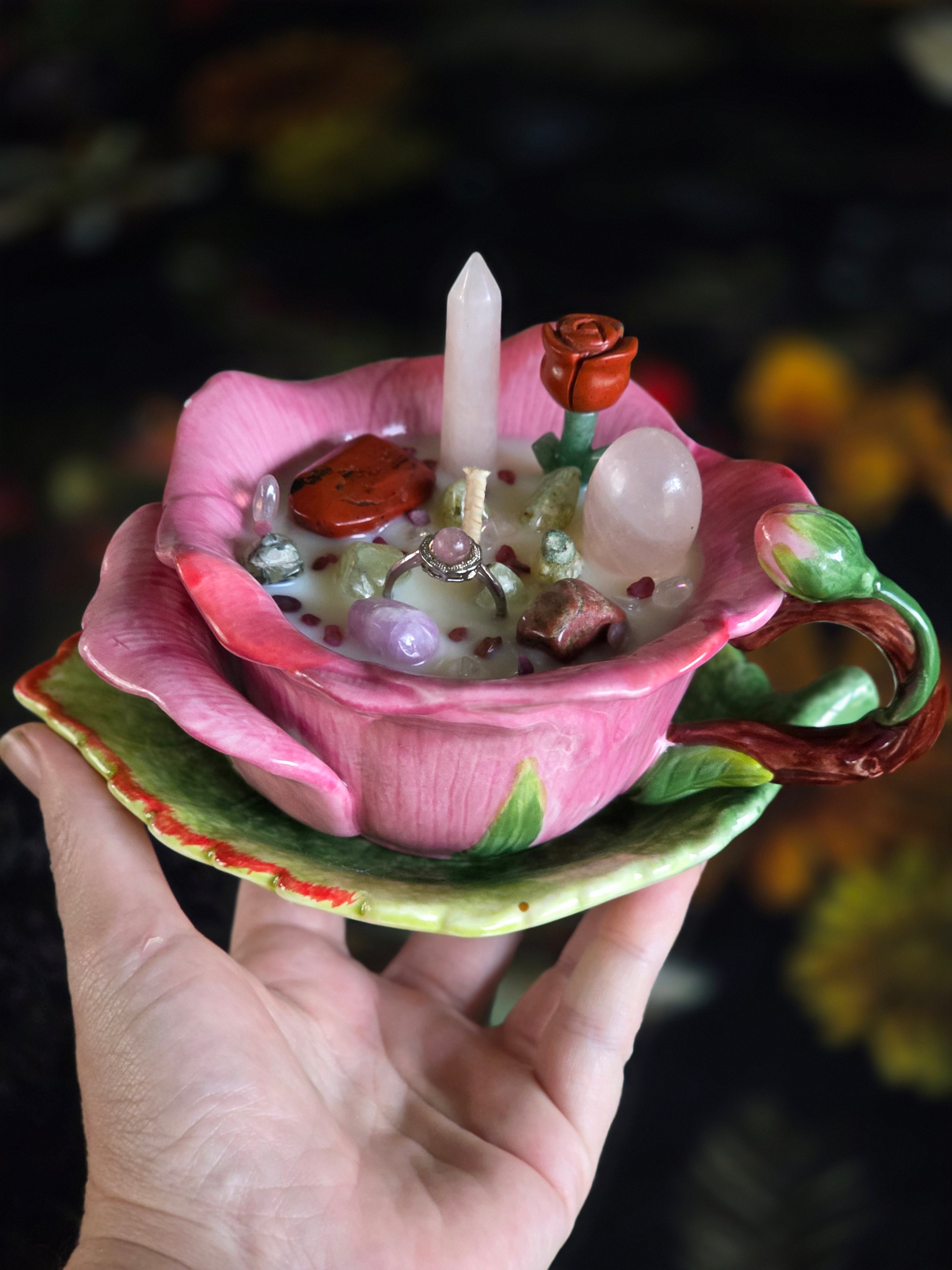 Enchanted Rose Teacup Treasure Candle – Hidden Ring Edition
