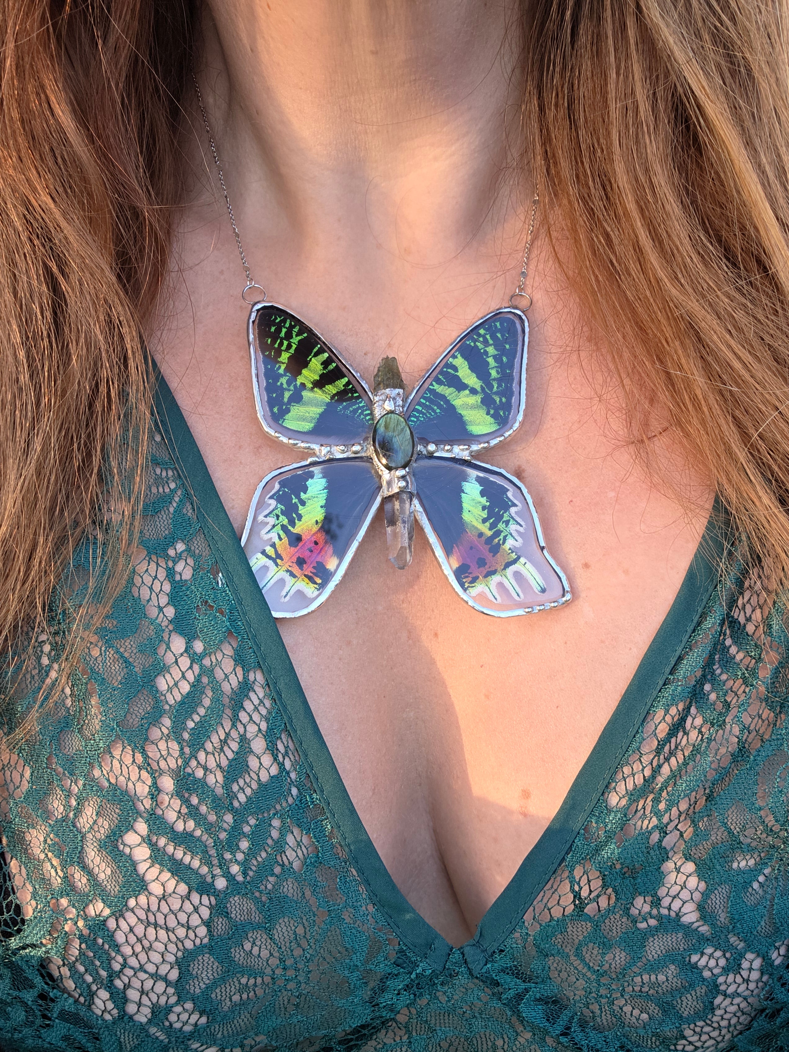 Sunset Fae Moth & Moldavite Necklace