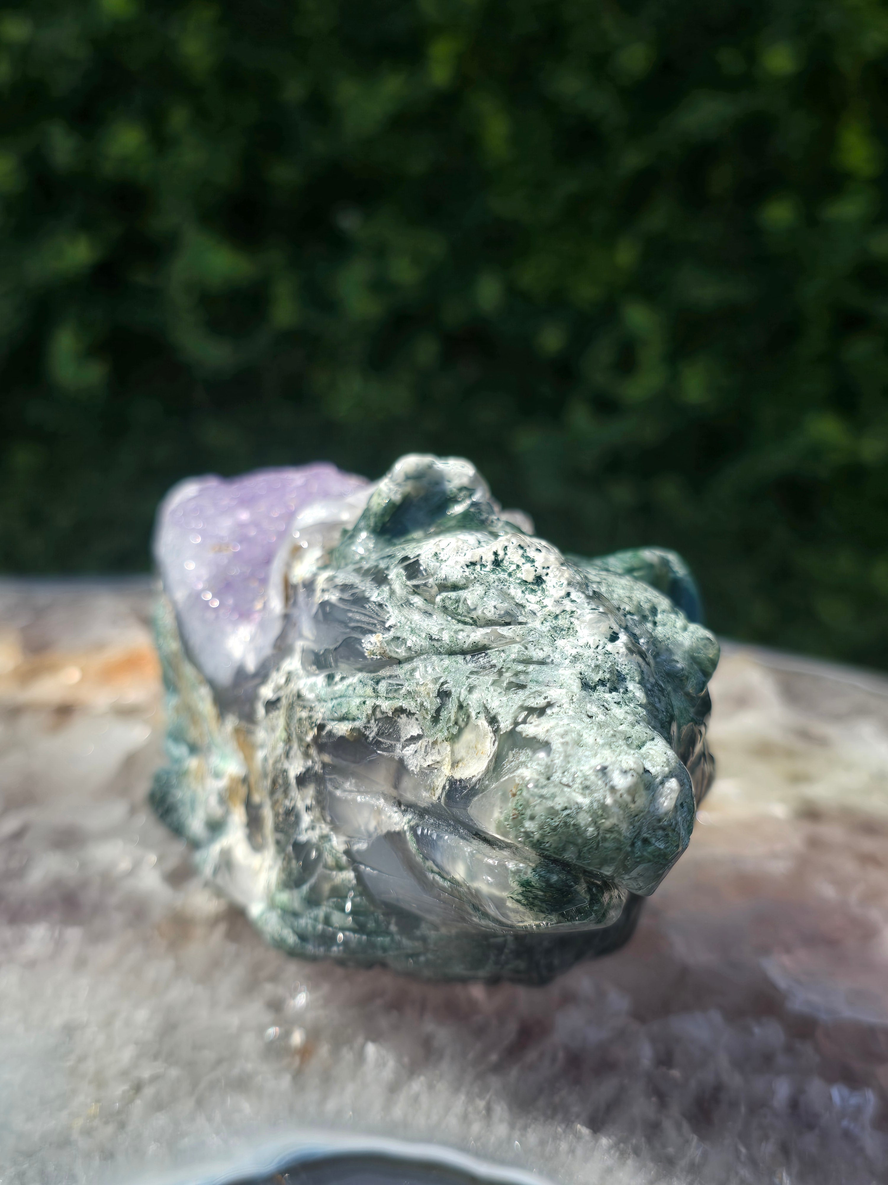 Moss Agate & Amethyst Wolf Head