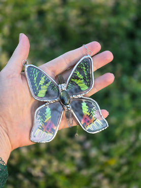 Sunset Fae Moth & Moldavite Necklace