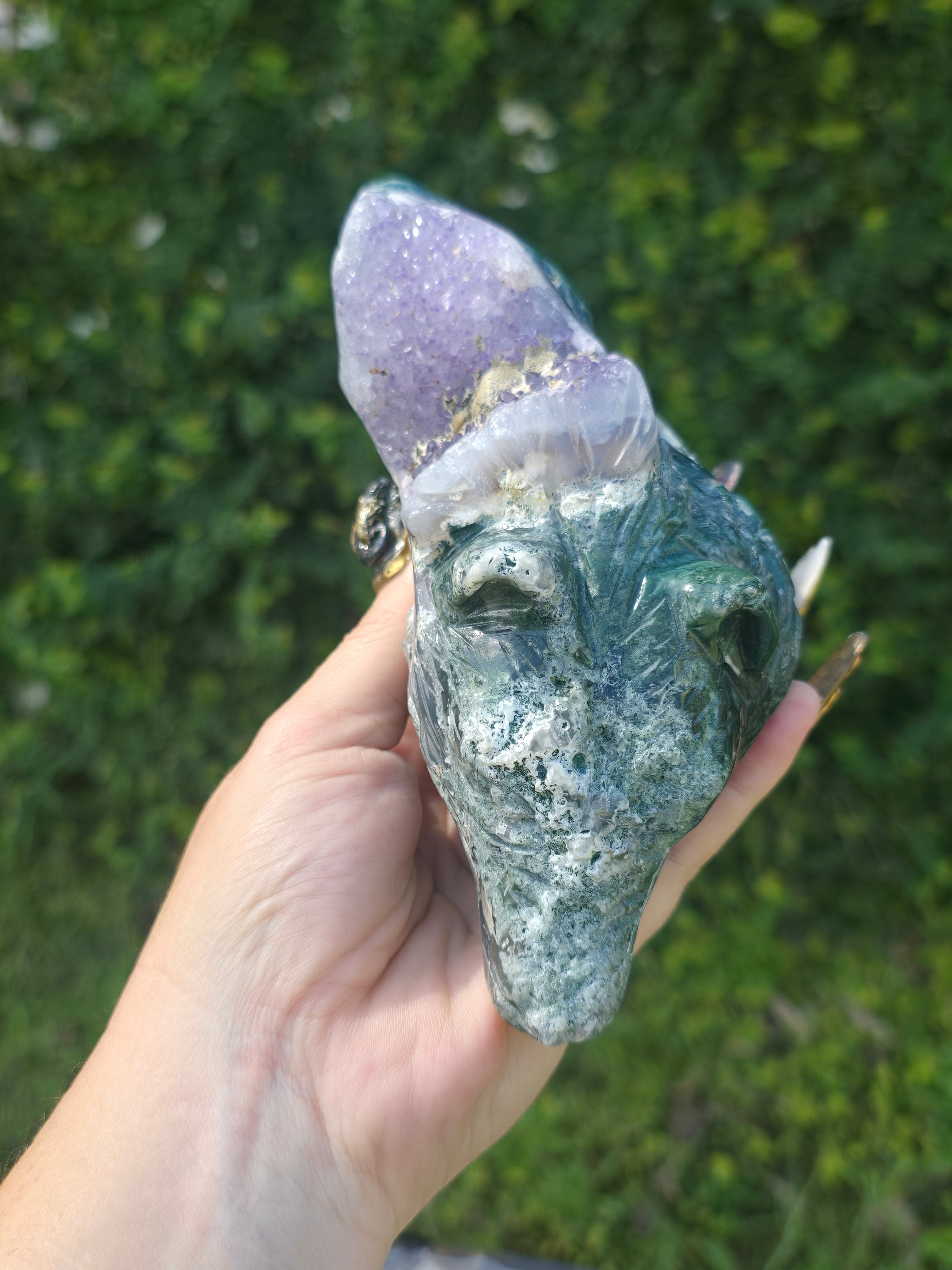 Moss Agate & Amethyst Wolf Head