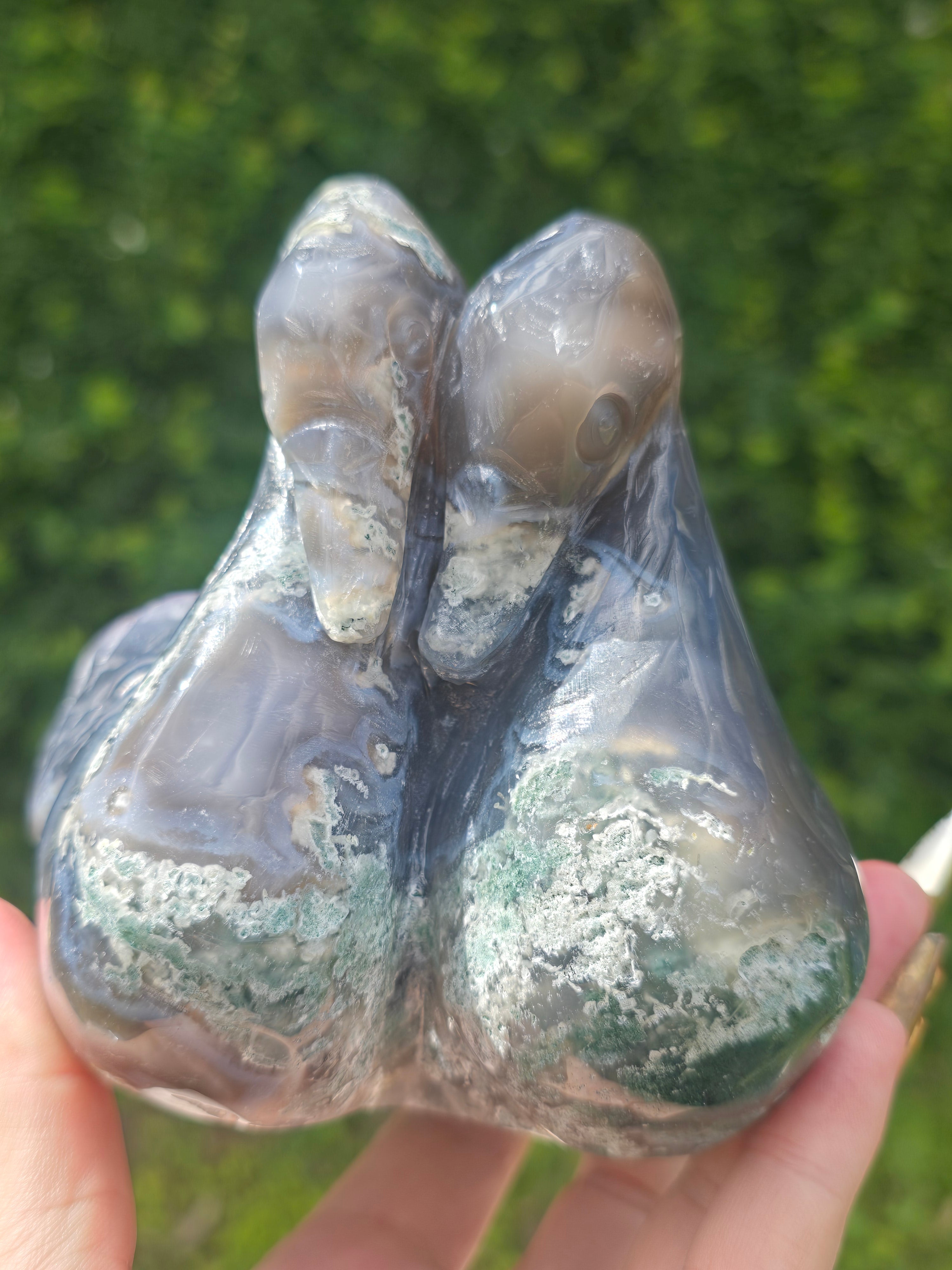 Moss Agate & Amethyst Swans