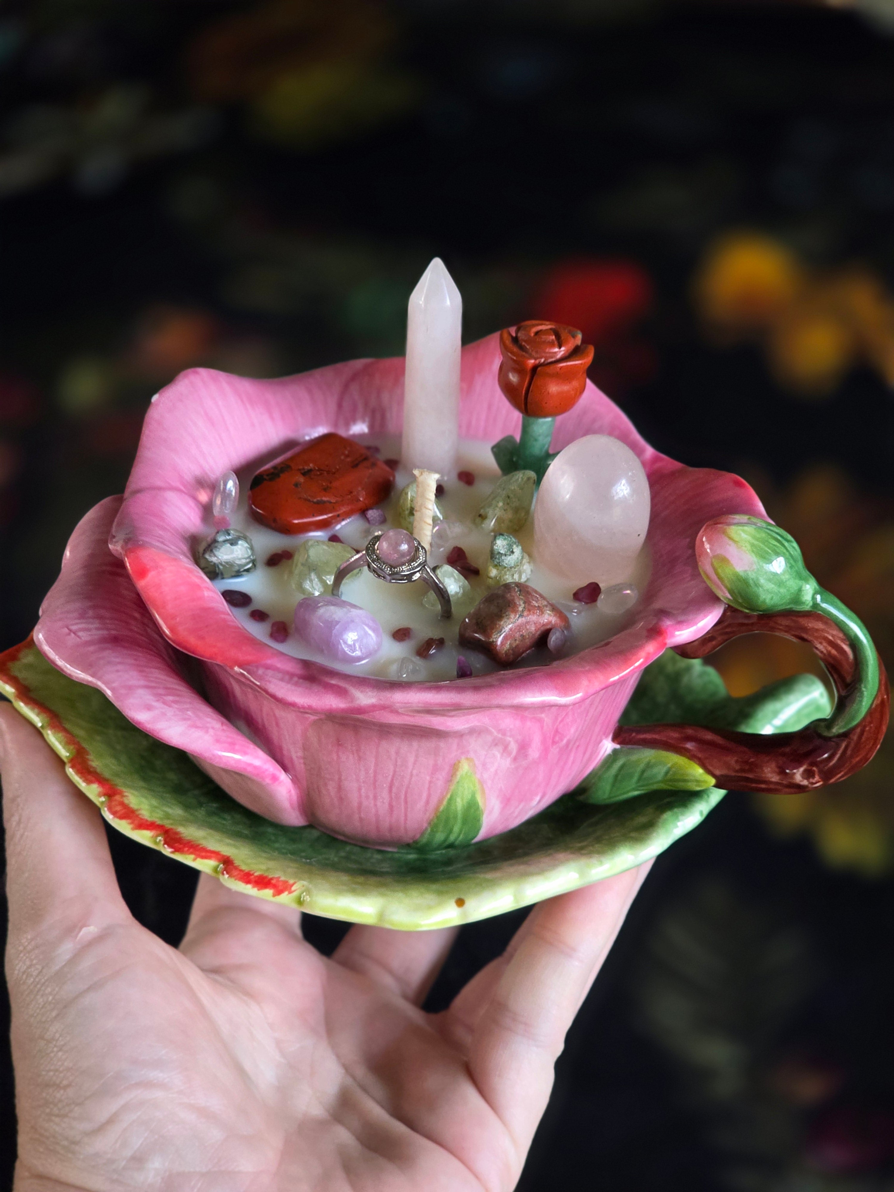 Enchanted Rose Teacup Treasure Candle – Hidden Ring Edition