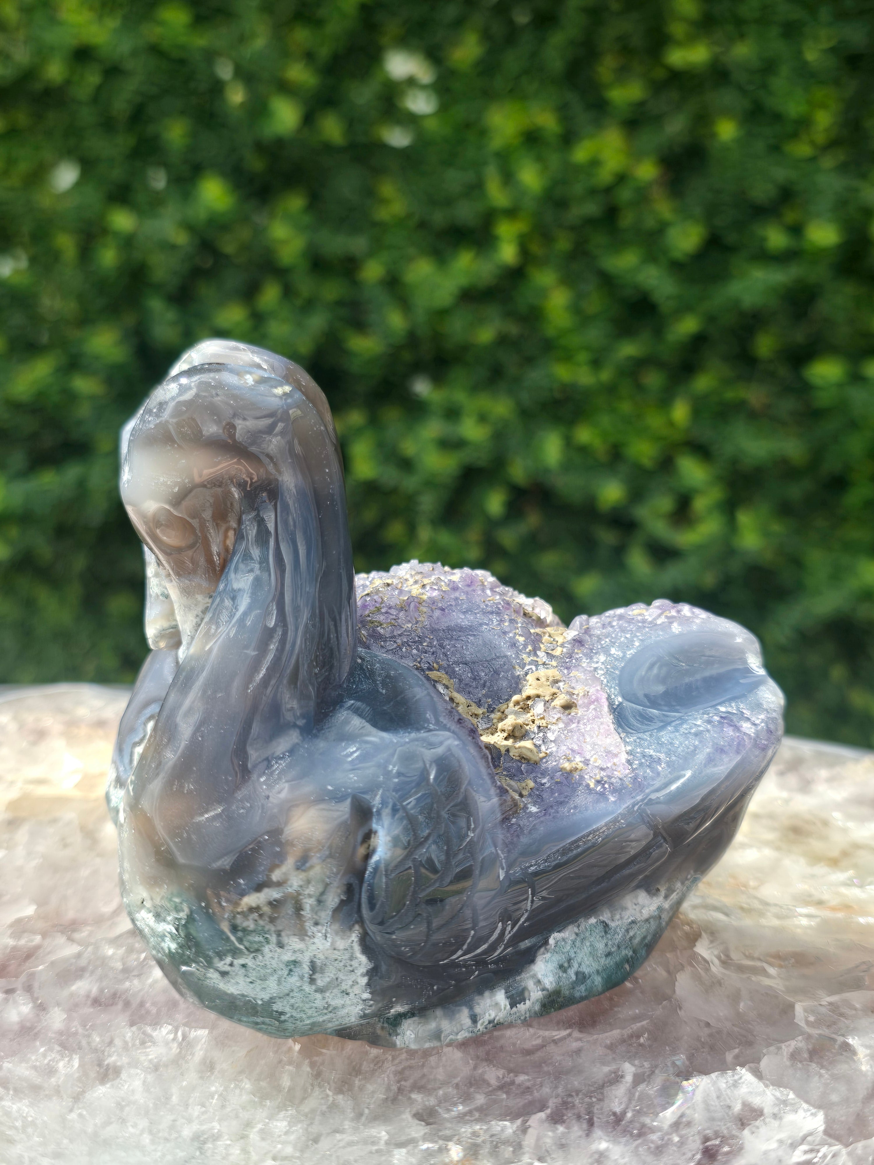 Moss Agate & Amethyst Swans