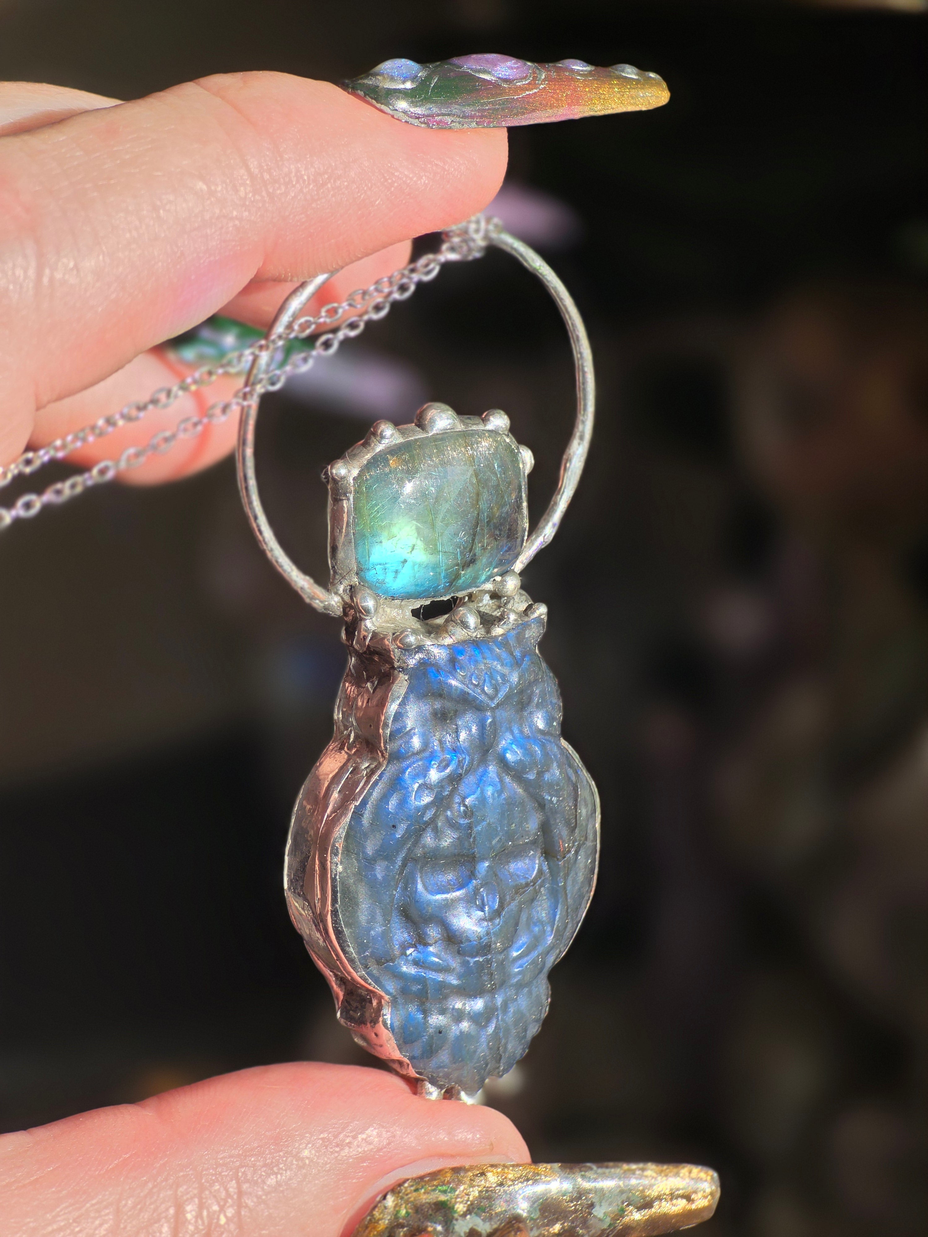 The Moonlit Familiar – Labradorite Owl Necklace