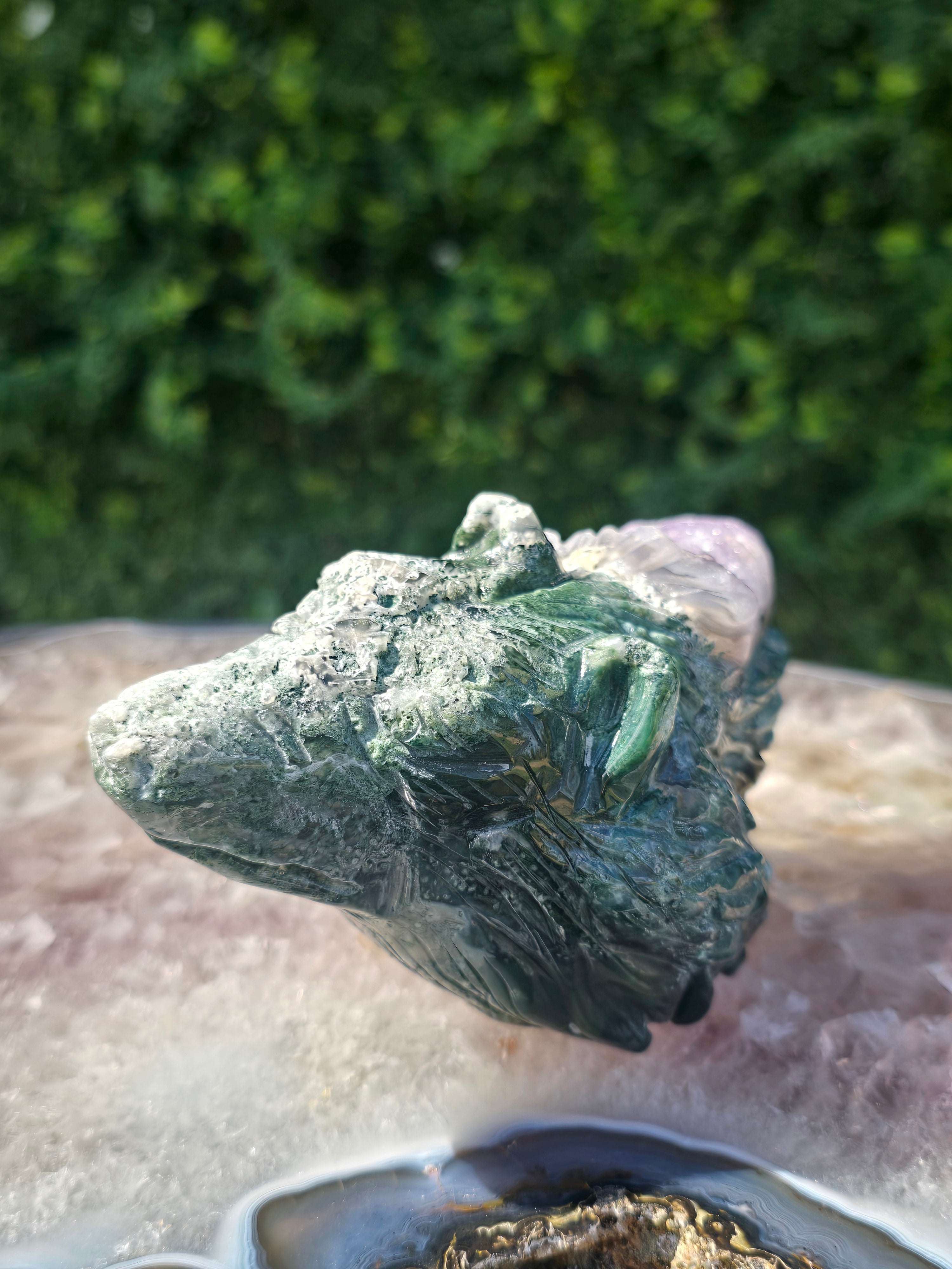 Moss Agate & Amethyst Wolf Head