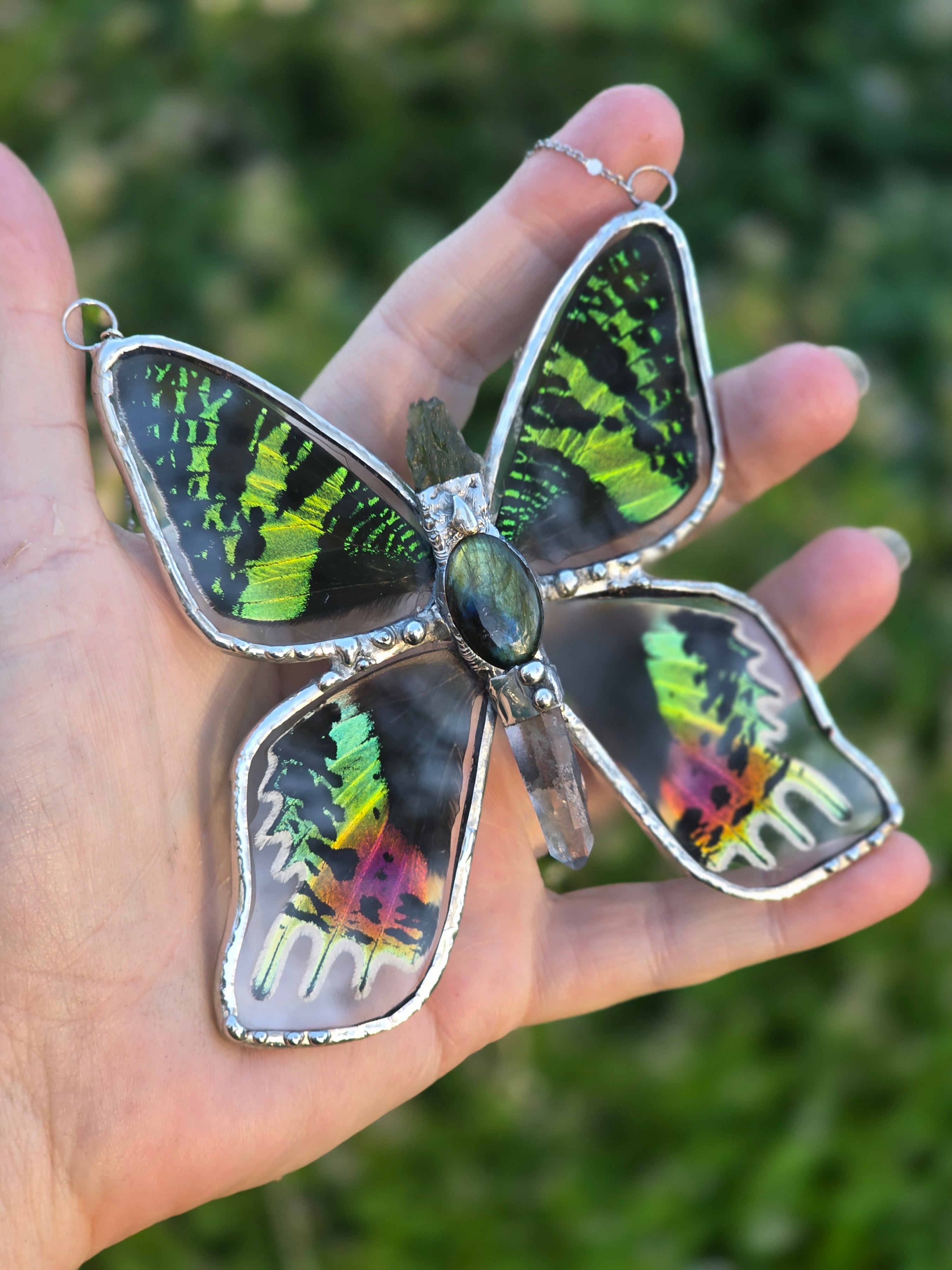 Sunset Fae Moth & Moldavite Necklace