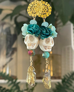 Teal & Aqua Sugar Skull Gold Earrings
